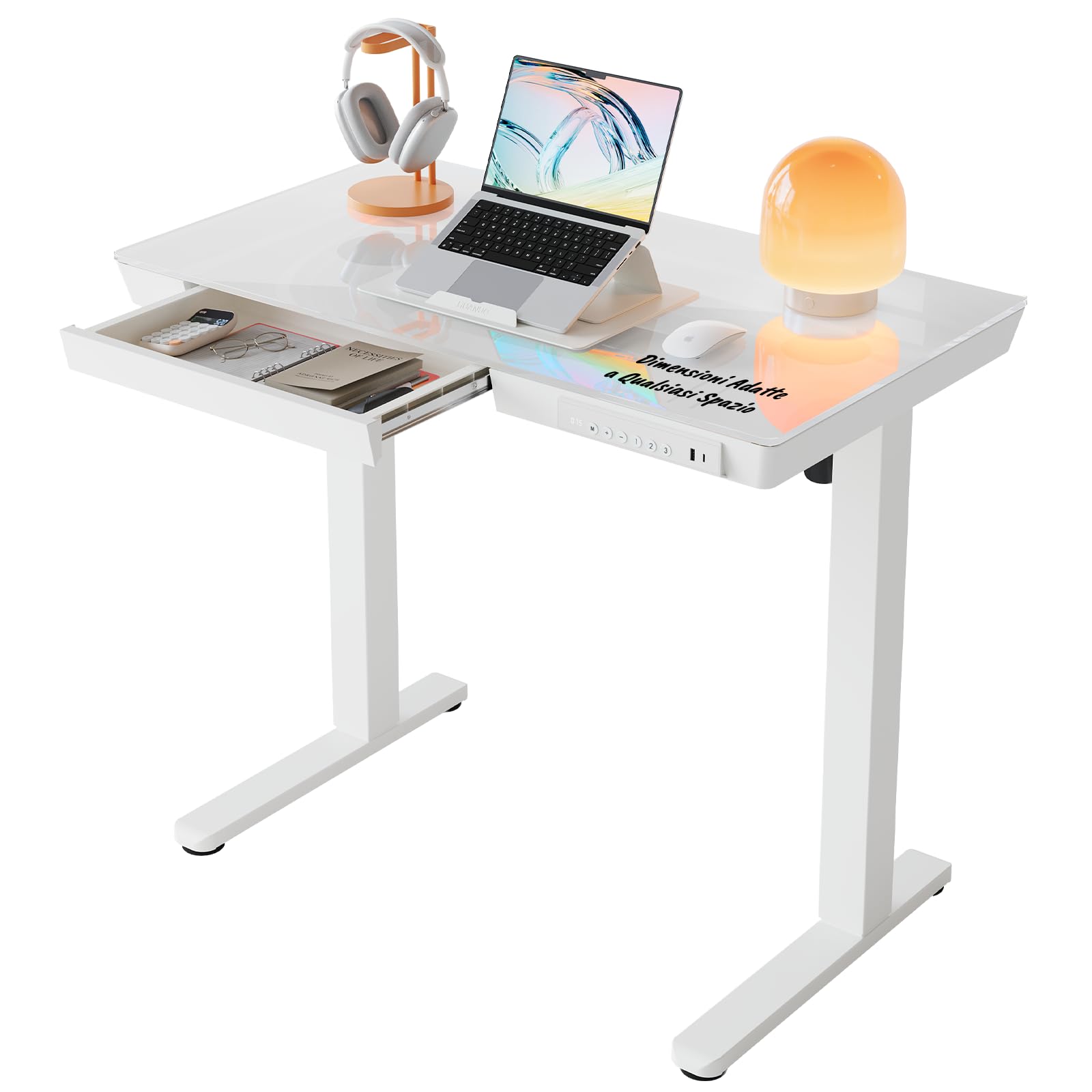 HUANUO 88 x 50 cm Scrivania Regolabile in Altezza con Piano in Vetro, Cassetto, Porte di Ricarica USB e 3 Altezza Memorizzabili, Scrivania Ufficio con Piano Monoblocc, Vetro Bianca