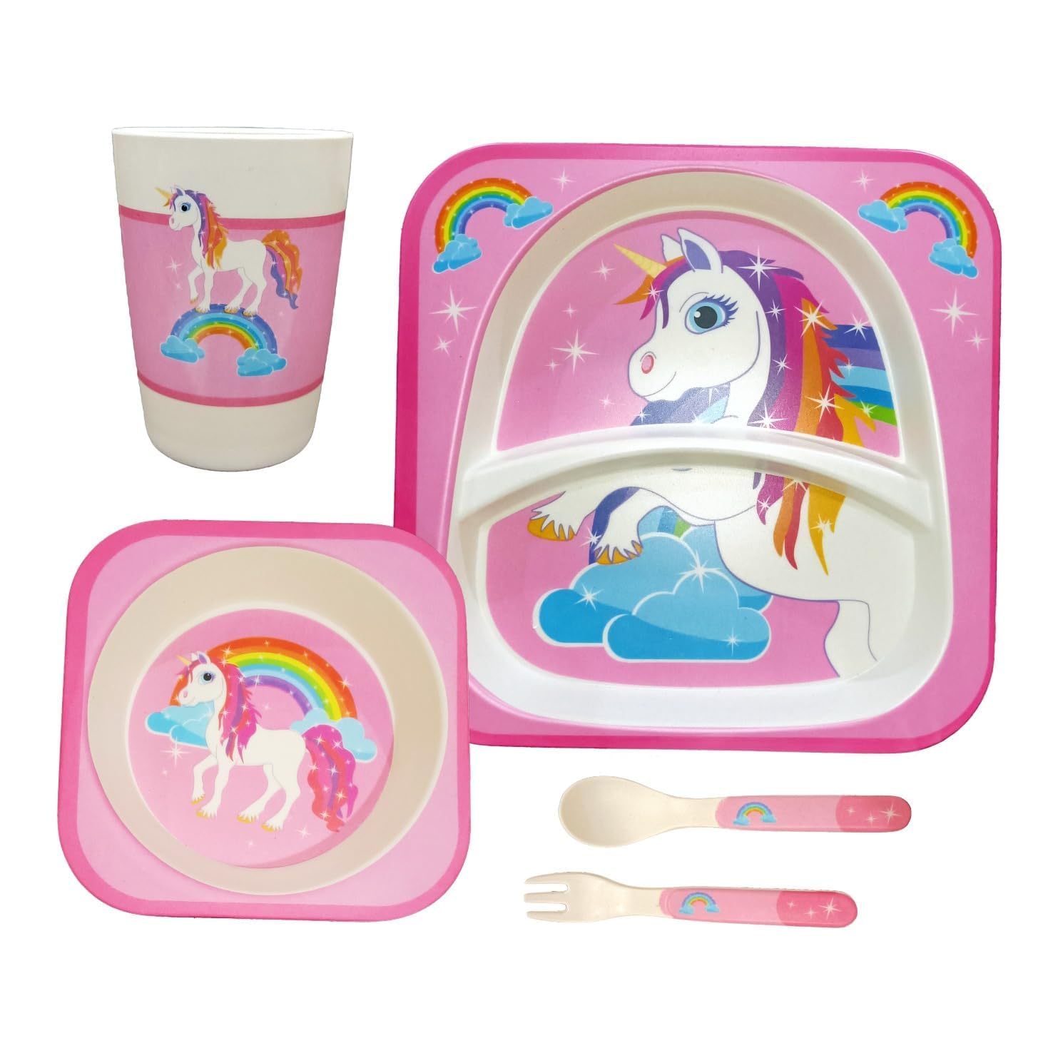 Deepashri™ Baby Feeding Essentials Set | Adjustable Bib, Soft Spoon & Fork - Divided Suction Plate, Suction Bowl, Sippy Cup, BPA-Free, Dishwasher Safe - Rainbow Unicorn Multicolor-image-48