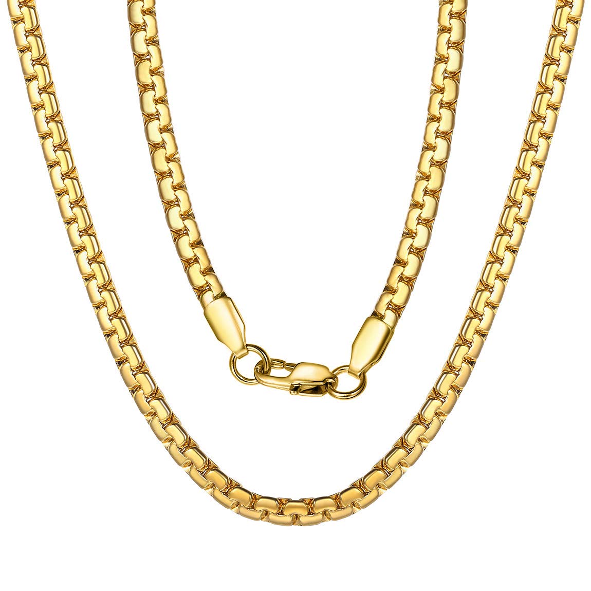 ChainsPro Box Chain Necklace Men Necklace Rolo Chain,4/6mm Width,14-30 inches, Gold Plated/Stainless Steel/Black(Pouch Velvet+Gift Box)