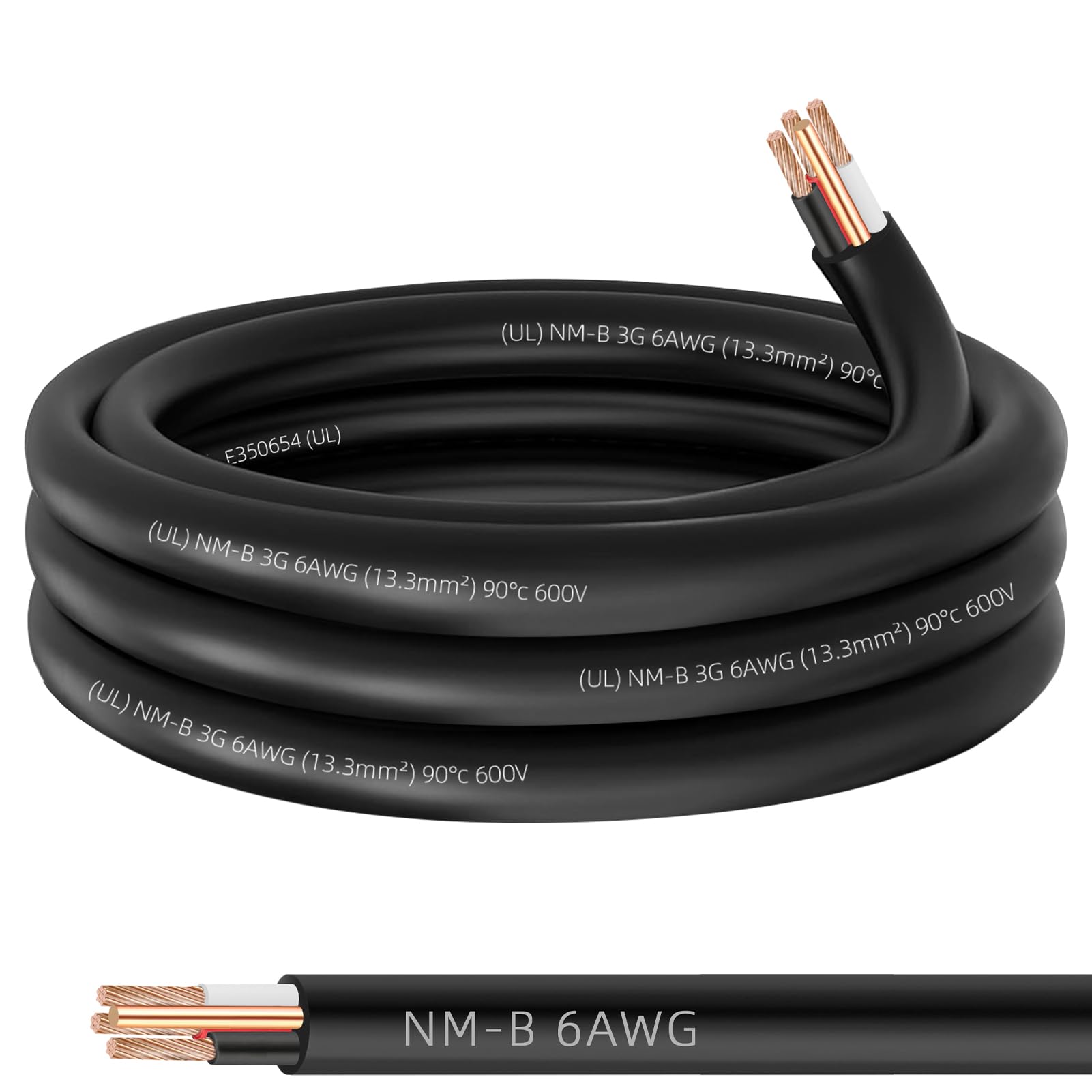 6/3 NM-B Wire with Ground,15ft 6/3 NM-B W/G Wire 6 Gauge Nonmetallic Sheathed NM-B Cable,Copper 6 AWG 3 Conductor Residential Indoor Electrical Wiring for Branch Circuit Switches,Outlets,Other Loads