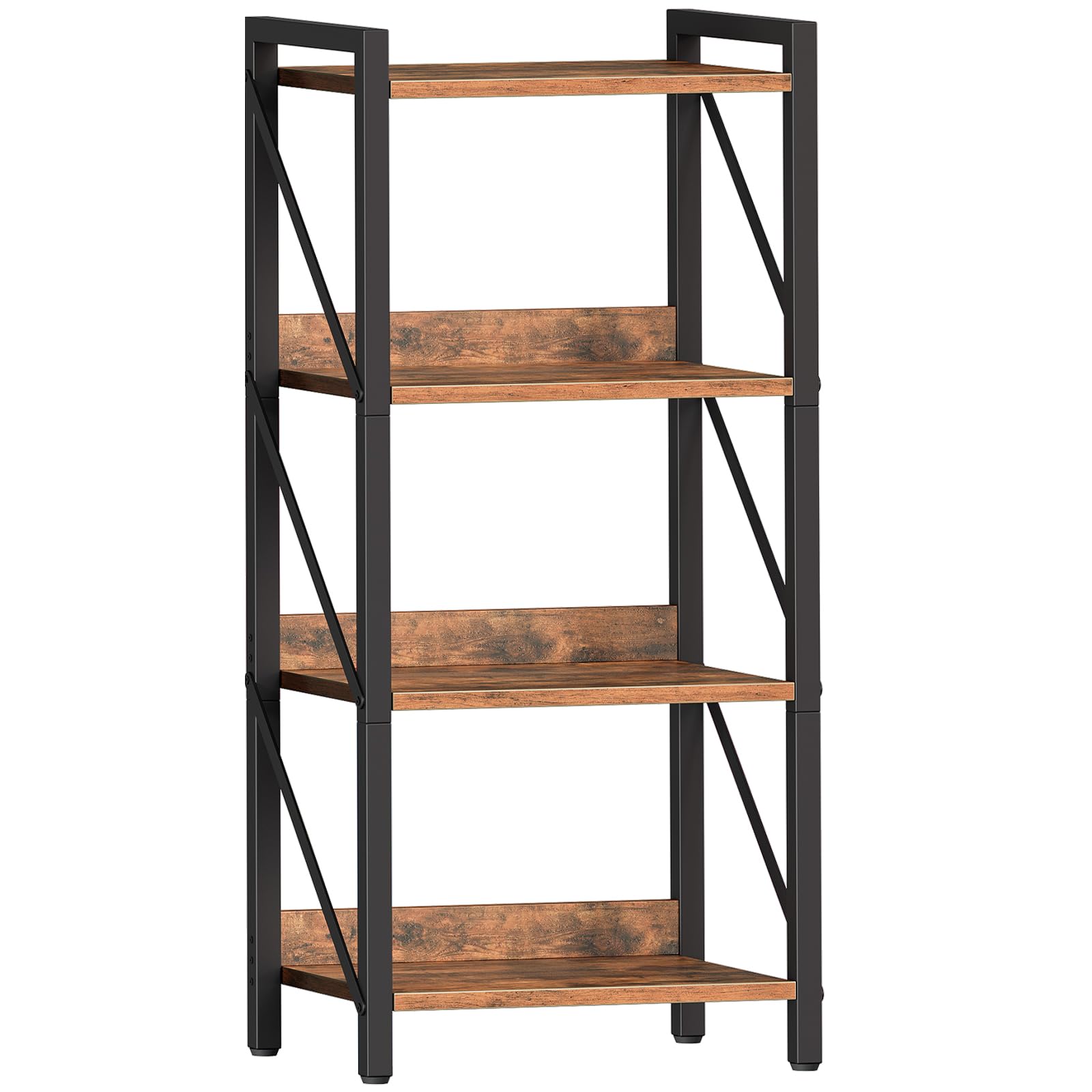 HOOBRO Librería de 4 Niveles, Biblioteca Esquinera de Estilo Industrial, Estantería de Exhibición, Marco de Metal para Sala de Estar, Dormitorio, Oficina, Cocina, Marrón Rústico y Negro EBF40SJ01