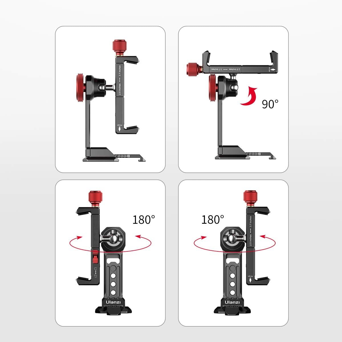 Four images showing the ULANZI ST-14 adjusting to 90 and 180-degree angles for versatile shooting positions.