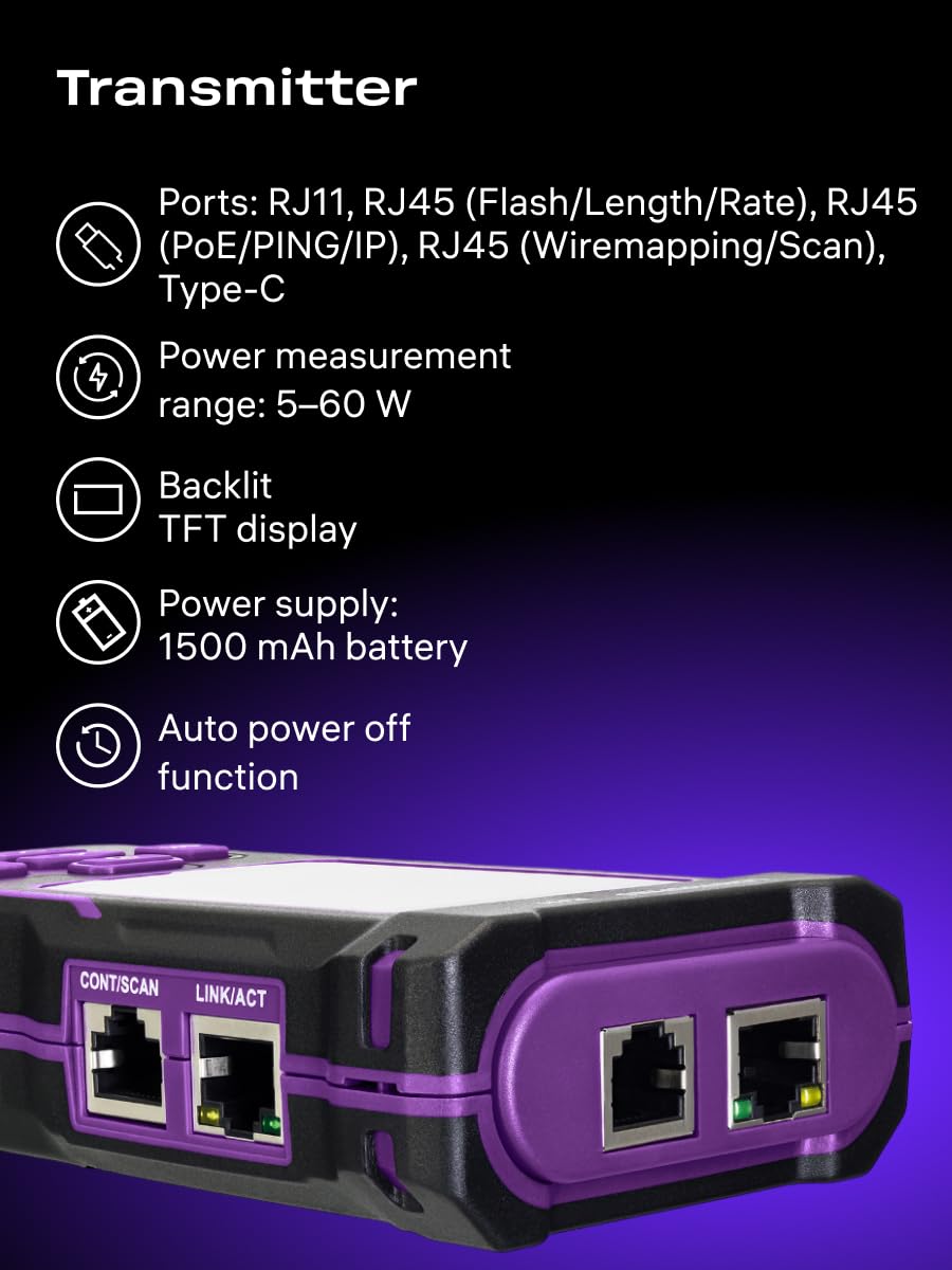 NetGeeks NP50 Tester per Cavi di Rete TDR PING PoE VFL e NCV RJ45 | CAT5/5E/6/6A con Scansione IP Test di Lunghezza del Cavo, Trova Guasti e Doppini Incrociati, Porta Lampeggiante, Controllo QC
