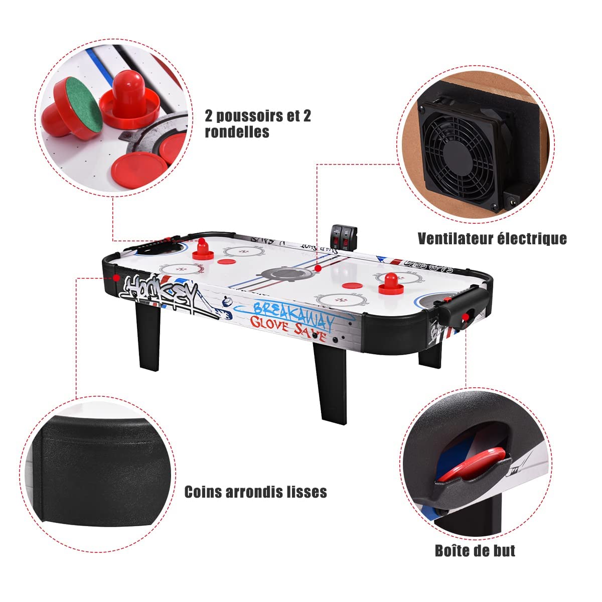 GOPLUS Table de Hockey sur Air avec Compteur de Points Electronique LED, 2 Palets, 2 Poussoirs, 2 Cages de But, pour Loisirs et Divertissement, 42 Pouces