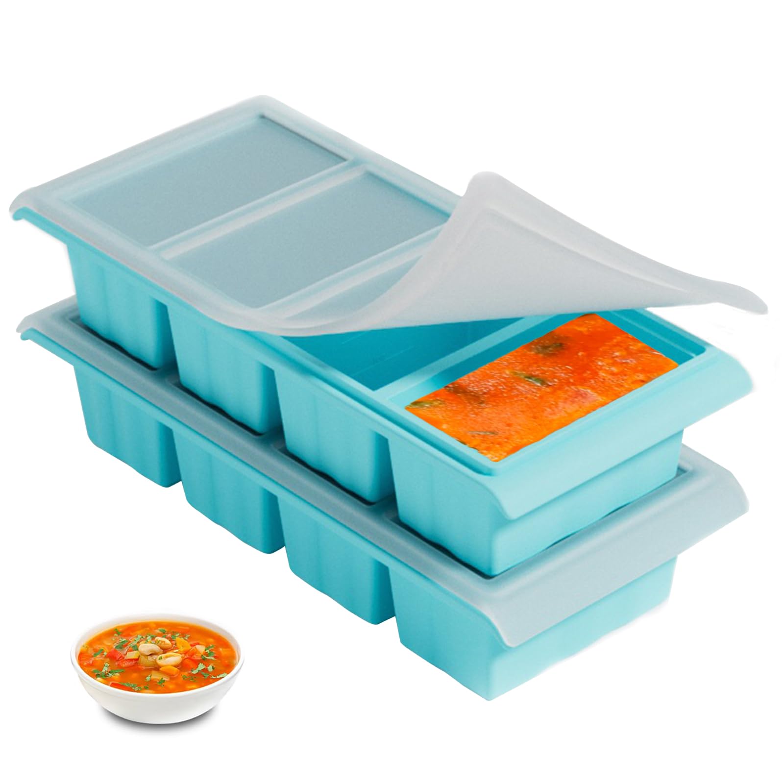 2-Pack Silicone Freezer Tray 1 Cup/250 mL Silicone Freezer Tray with Lids, Perfect for Storing Soup, Broth, Sauces, Batch Cooking and More, Oven-Safe Moulds (Blue) โ image 1