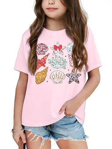 Yawtaut Girls Hawaiian Shirts Summer Graphic Tees Oversized Pink T Shirts Teen Beach Shell Short Sleeve Top 5-14 Years