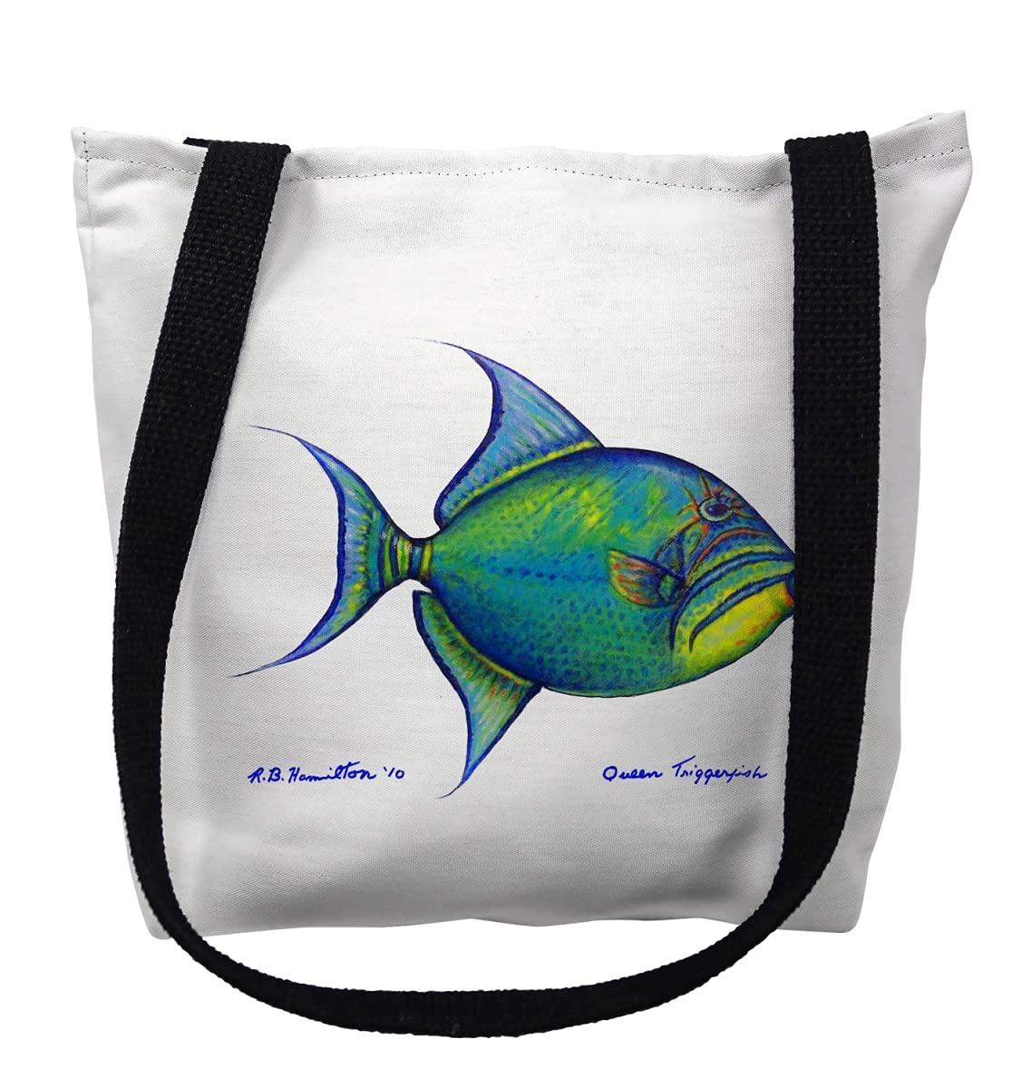 13 x 13 in. Trigger Fish Small Tote Bag by Betsy Drake – Cotton, Black, Model TY114S