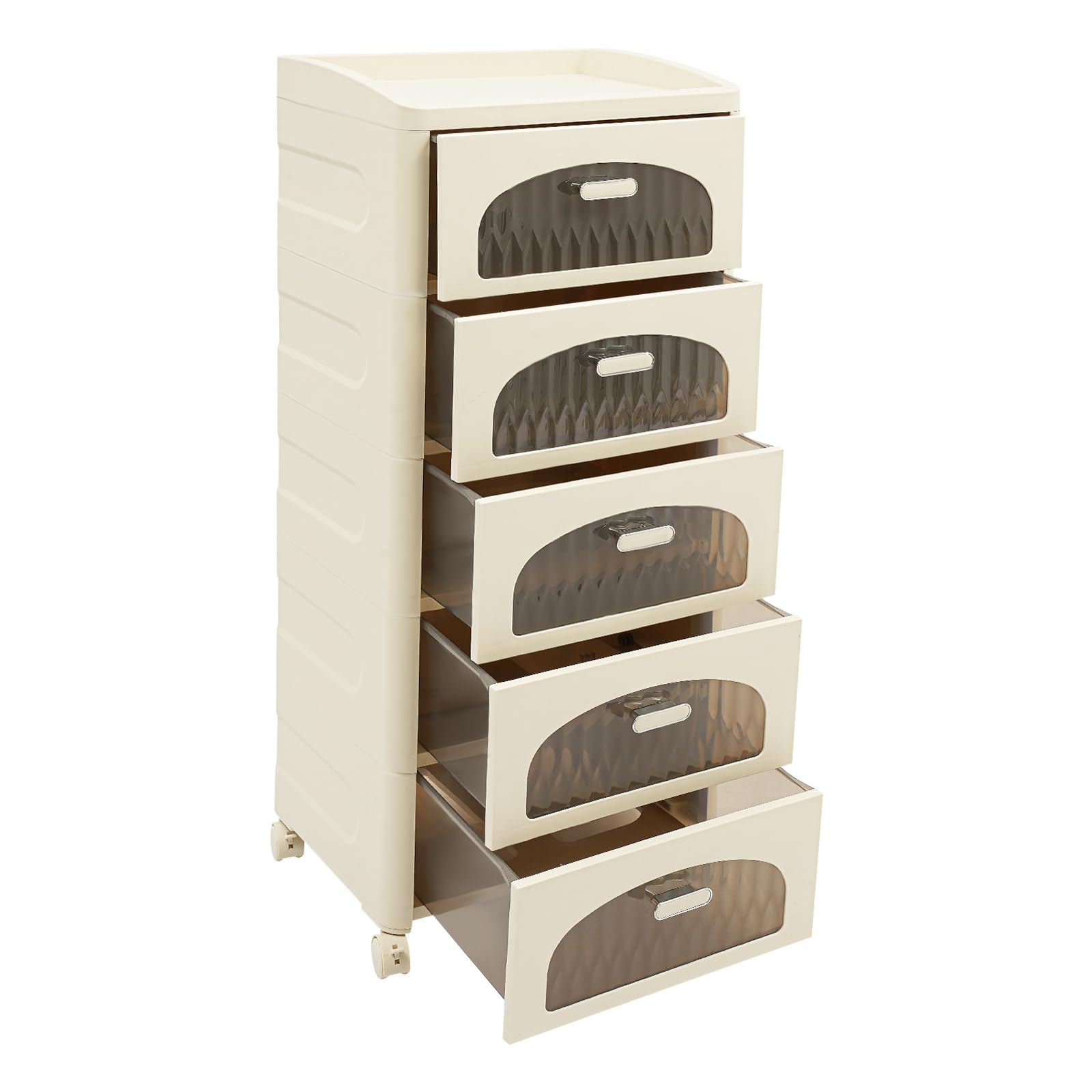 Cassettiera con 5 cassetti, con ruote, capacità di carico di ogni cassetto 5 kg, 41,7 x 32 x 97 cm, scatole impilabili per soggiorno, cameretta dei bambini, studio (arco trasparente)