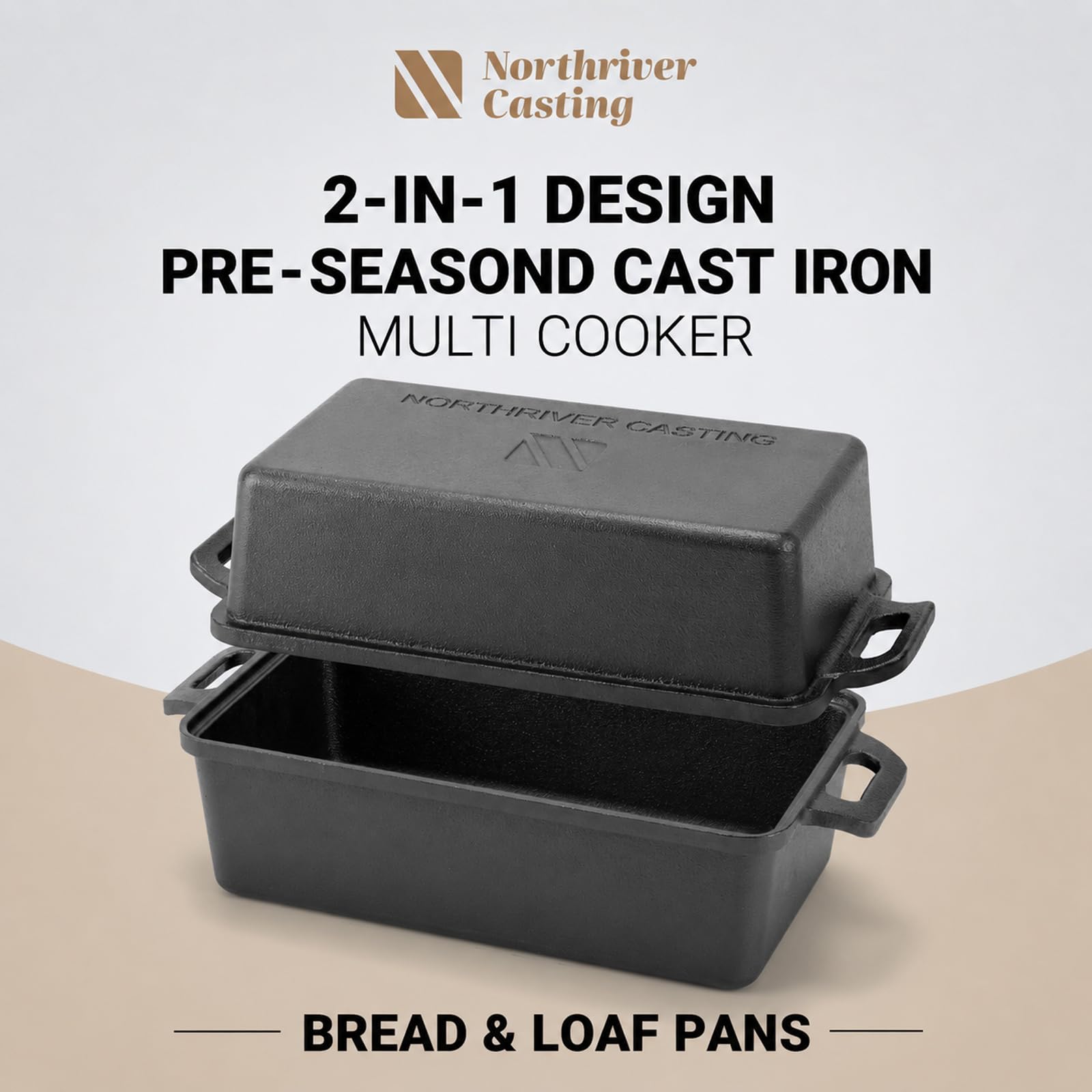 Northriver Casting Molde de hierro fundido de 9 x 5 pulgadas con tapa, bandeja para hornear pan, distribución uniforme del calor para pan casero, pastel y pastel de carne, juego de 2 piezas