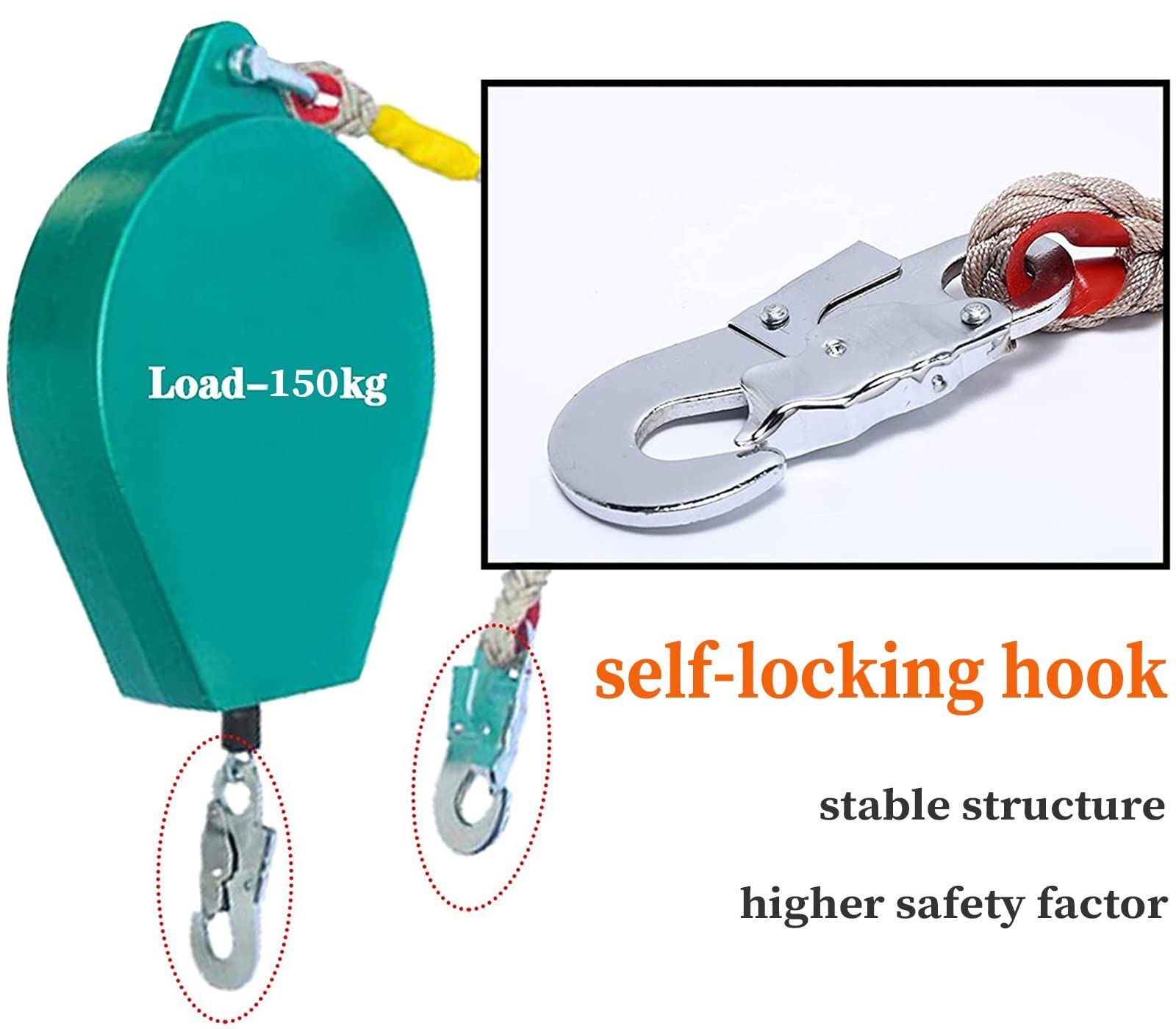 Línea de vida autorretráctil, anticaídas automático para trabajos aéreos y escalada, carga de 150 kg, sistema de frenado doble, gancho de autobloqueo, equipo de protección de seguridad contra caídas