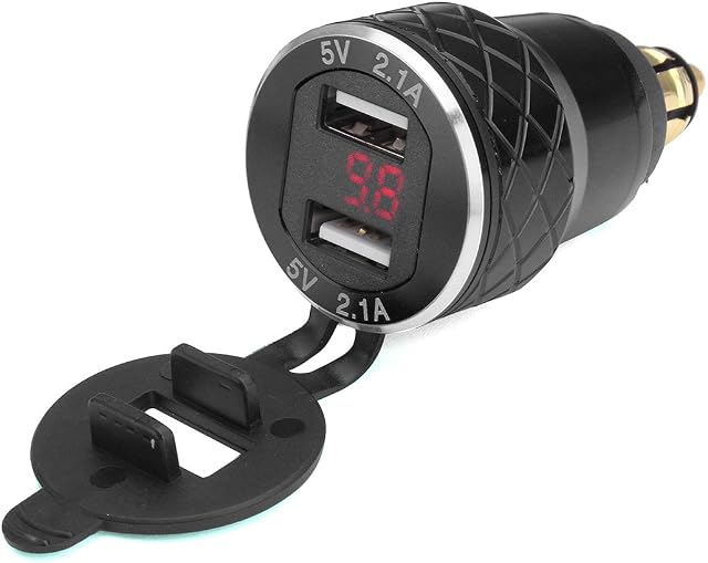 Alamor 12V-24V 4.2A Voltmeter Red Motorcycle Dual Usb Charger Din Socket compatible with BM-W Motorbike - Black