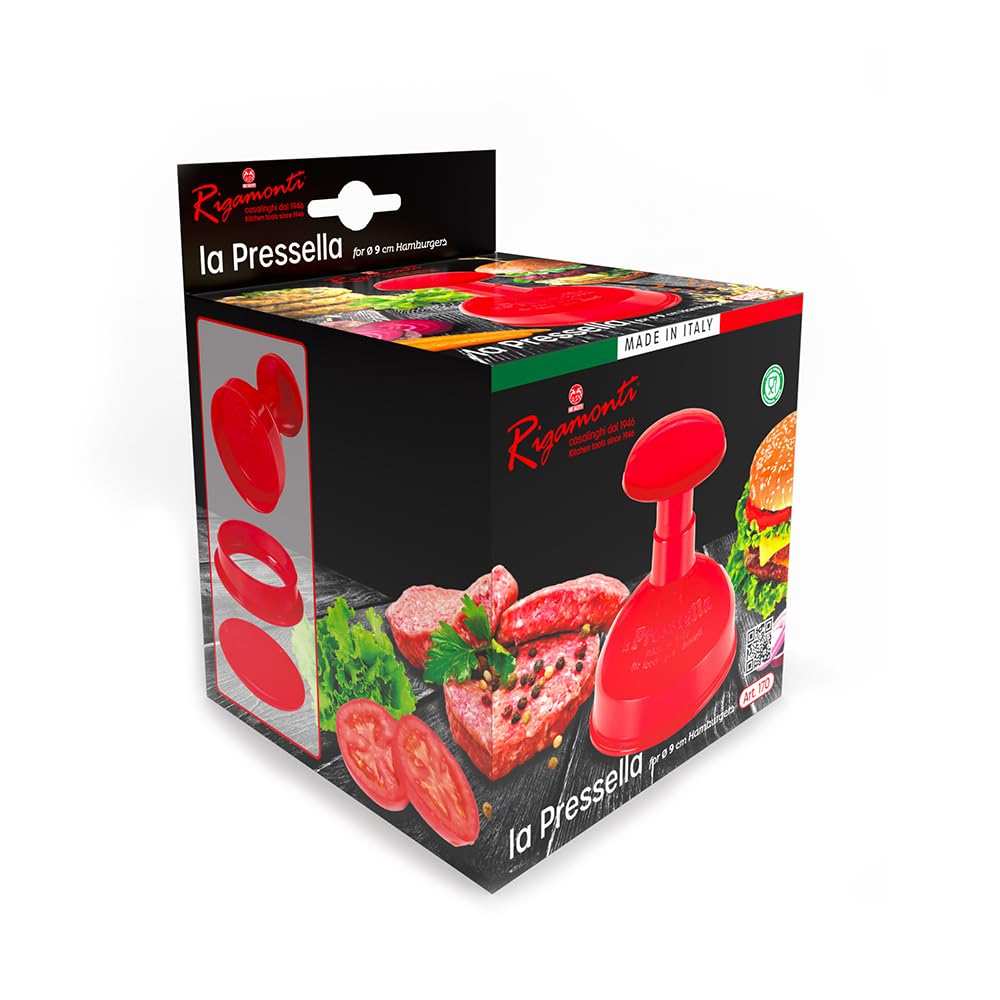 Rigamonti La Pressella Stampo per hamburger dal diametro di 9cm. Pressa per hamburger facile da utilizzare con tampone a molla in acciaio inox. Smontabile e lavabile in lavastoviglie.