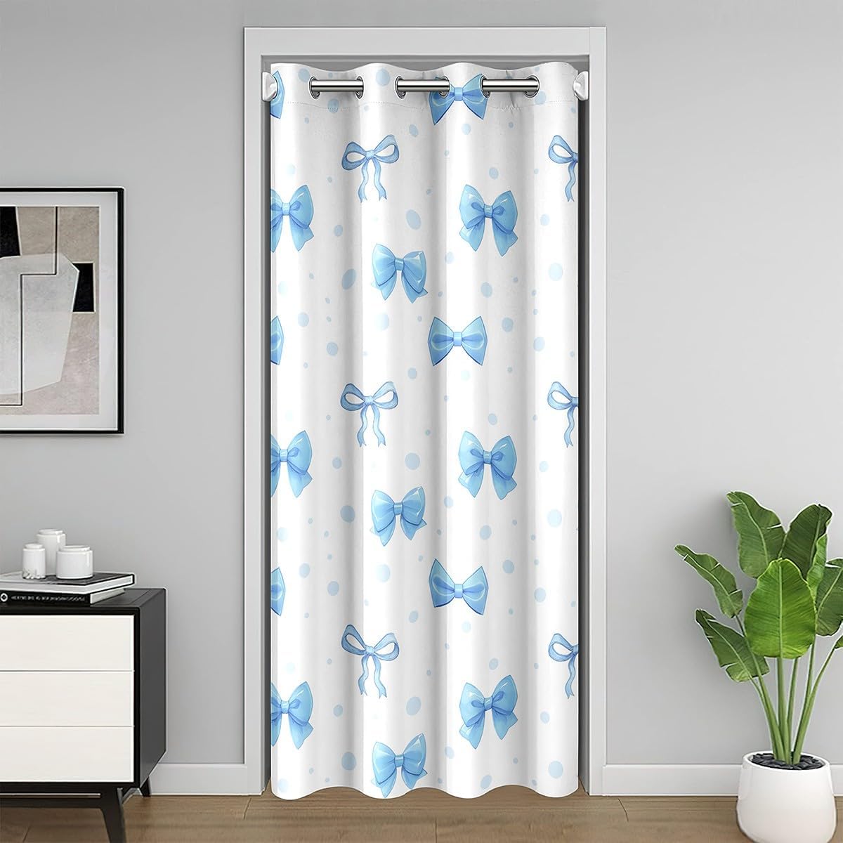 jejeloiu Blue Bow Door Curtain for Doorway Privacy Princess Dot Bow Closet Cover Cute Bowknot Room Divider Curtain 34" x 80" Bedroom Living Room Window Treatments