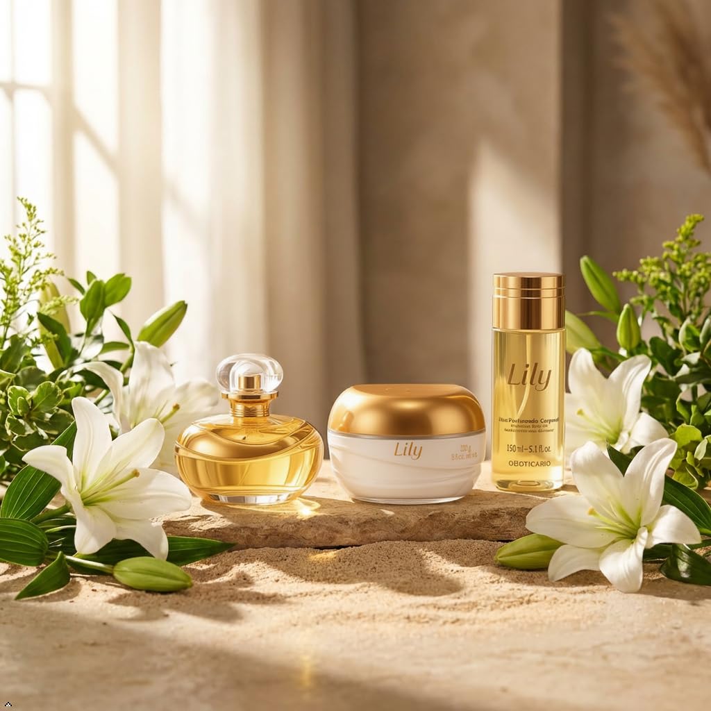 O Boticário Lily Set cadeau, parfum et soins de la peau avec 3 produits, crème hydratante pour le corps 250 g, huile de corps parfumée 150 ml et Eau de Parfum EDP 75 ml