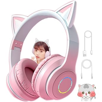 Cat Ear Headphones, Wireless Headphones, Headset, Bluetooth 5.1, Over-Ear Headphones, with Microphone, Cat Ears, Hi-Fi, Stereo, Wireless, Dual-Use Headphones, Bluetooth Headset, LED Light, Sparkling
