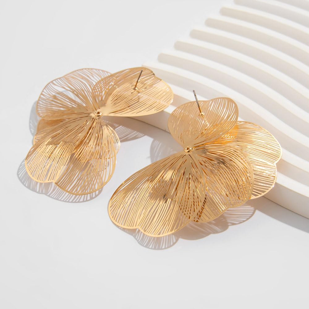 Gold Statement Flower Drop Earrings,Boho Big Floral Stud Earrings for Women Cute Hollow Filigree Petal Dangle Earring,Trendy Jewelry Accessories Gifts - Image 6