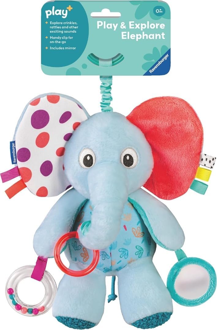 Ravensburger Play+ Explore & Play Elephant - Crinkle Pram Toy with Rattle and Mirror - Baby Toys 0-6 Months - Sensory Toys for Babies