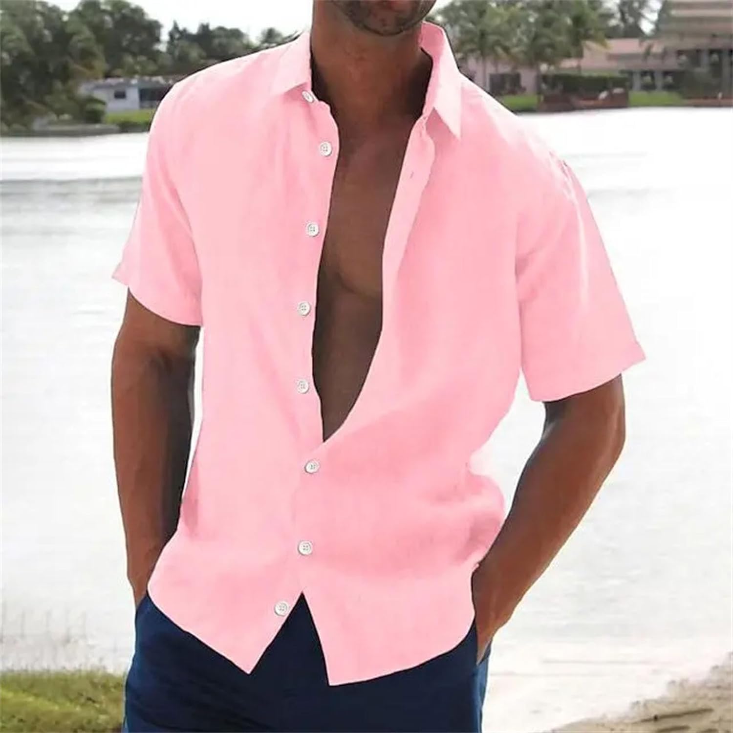 Men's Cotton-Blend Short-Sleeved Button-Down Shirt Casual V-Neck Beach Shirt Breathable Fashionable Summer Top