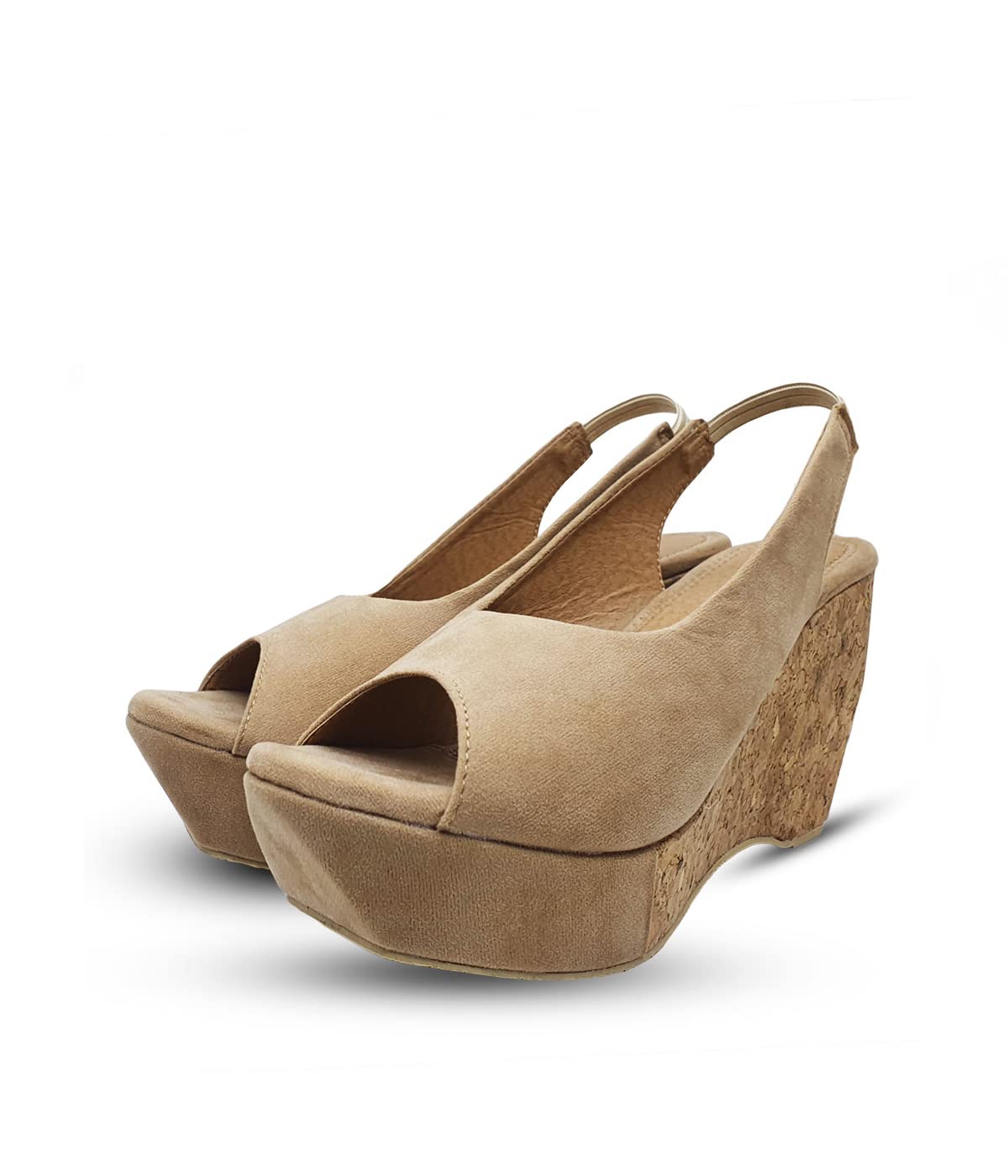 Digni A stylish pair of suede wedge heels with a trendy cork sole. Perfect for a fashionable and comfortable look.