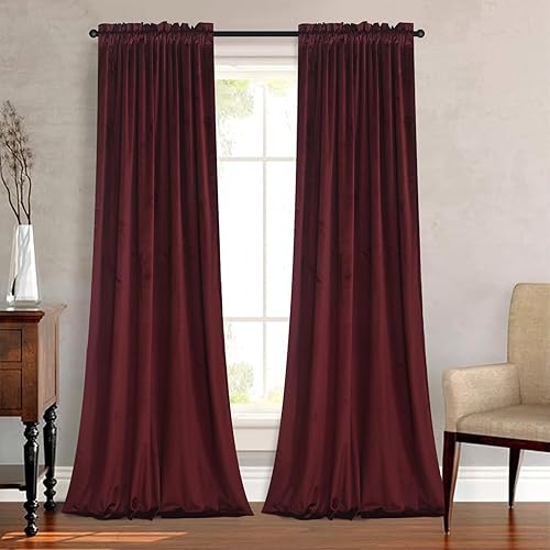 Roslynwood Velvet Ruby Wine Curtain 84 inch Length - Curtains Block Light Rod Pocket Thermal Insulated Window Drapes Set for Living Room/Bedroom/Dining Room, W52 x L84, 2 Panels