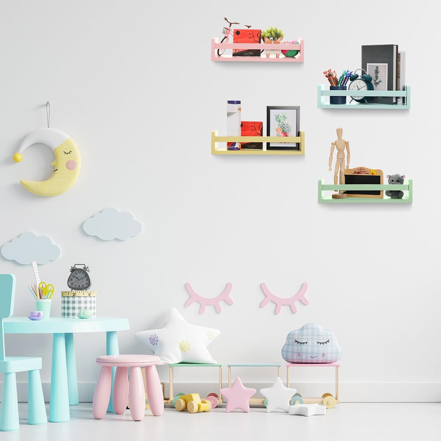 Set of 4 Nursery Book Shelves Floating Bookshelves Nursery Shelves for Wall Book Shelf Organizer Bathroom Storage Rack for Wall Decor(16 in,Light Macarons)