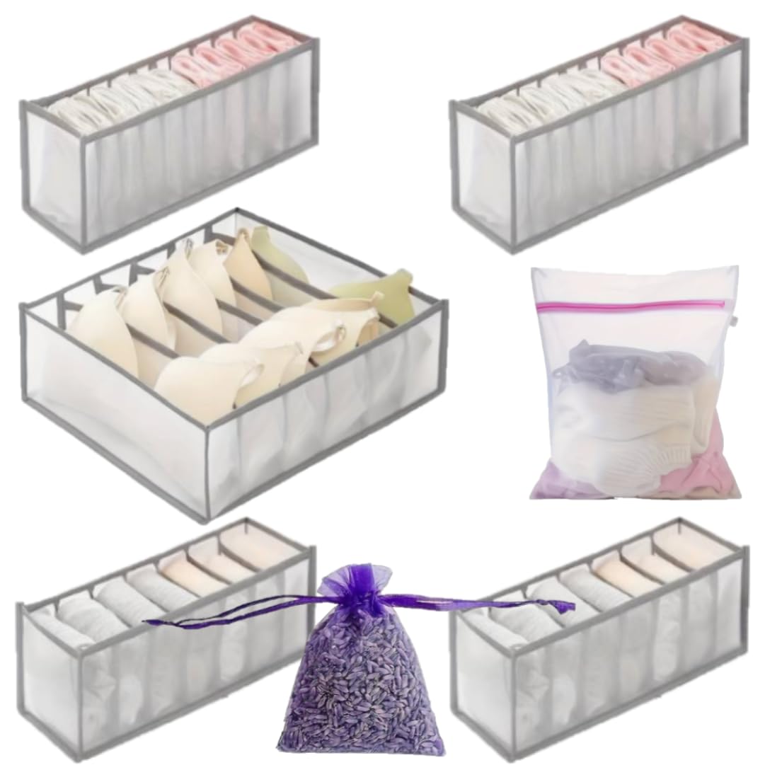 Organizador Cajones para Ropa Interior con Separadores que Incluye Bolsita Aromática de Lavanda y Bolsa para Lavar Prendas Delicadas – Cestas de Tela Ajustables para Almacenaje de Ropa en Armario