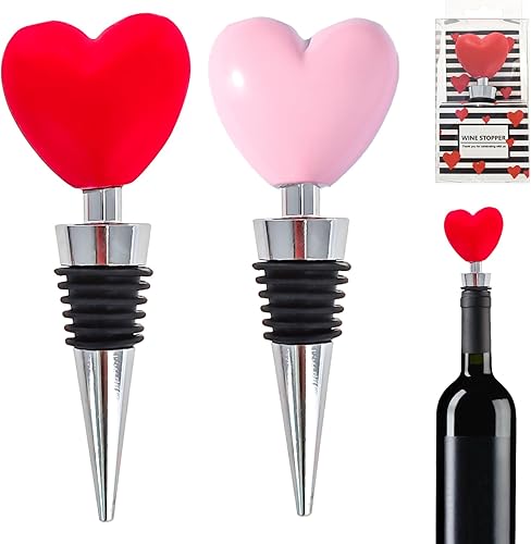 Paquete de 2 tapones de vino con forma de corazón para el día de San Valentín, diseño de corazón rojo y rosa, accesorios de vino y champán, regalo