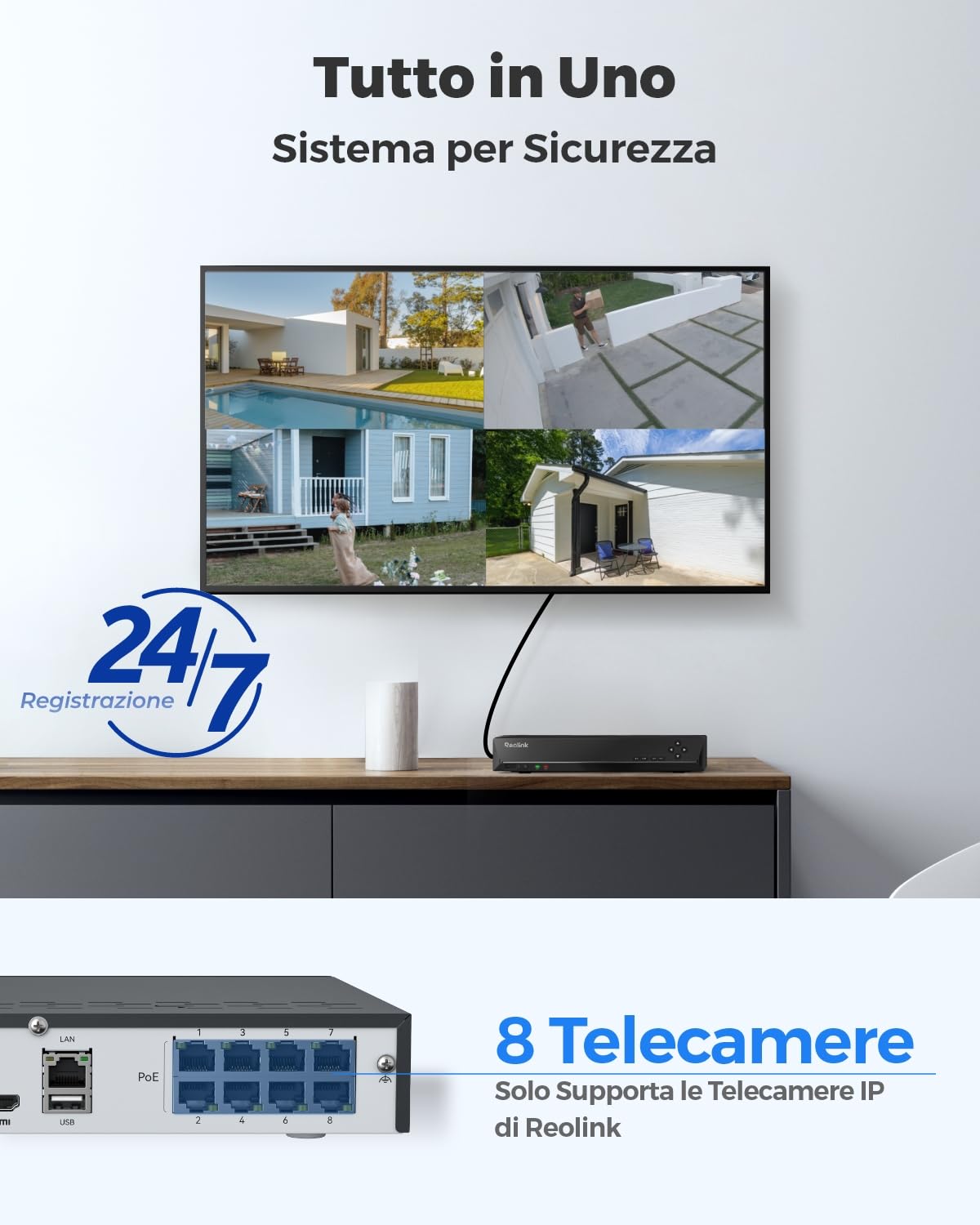 Reolink NVR PoE 8 Canali con 2TB HDD, Videoregistratore Cablato Supporta 16MP/12MP/4K/5MP/4MP, Accesso Locale e Remoto, Capacità Espandibile a 16TB, Videosorveglianza Registrazione 24/7, RLN8-410