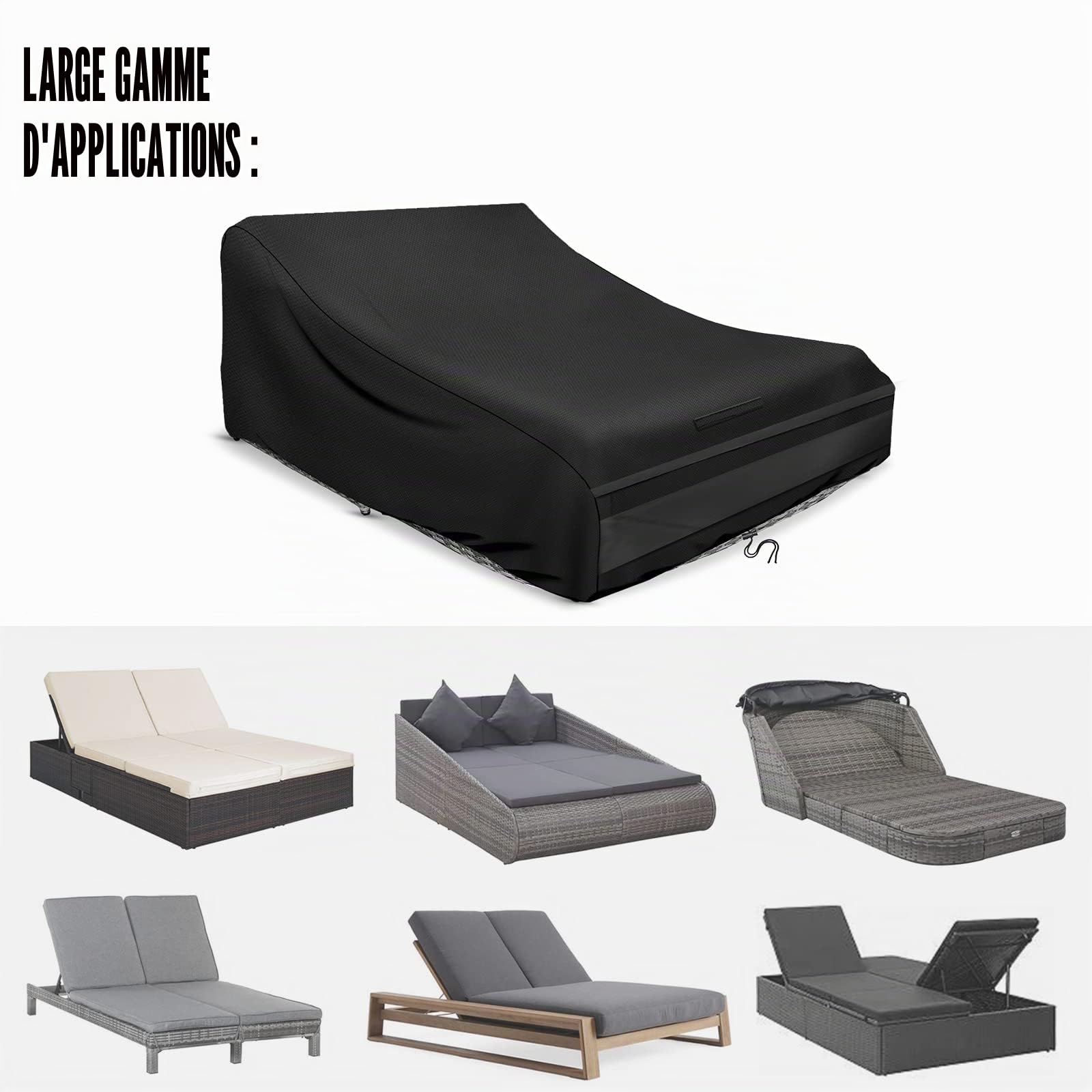 Schleuder Housse de chaise longue pour 2 personnes, 210 x 160 x 35/75 cm, housse 420D, imperméable, coupe-vent, résistant aux UV, noir