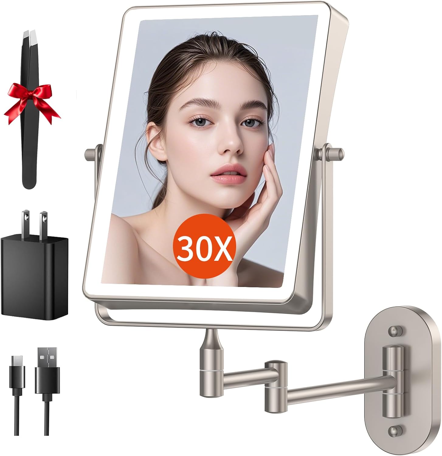 FUNTOUCH 5000mAh Rechargeable Wall Mounted Makeup Mirror with Lights, 8.7" Double Sided 1X/30X Magnifying Mirror with Dimmable 3 Color Light, Extended Swing Arm 360° Wall Mount Bathroom Vanity Mirror