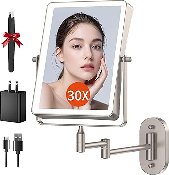 Wall Mounted Lighted Makeup Mirror, 1X/20X Magnifying 5000mAh Rechargeable Make Up Mirror with 3 ...