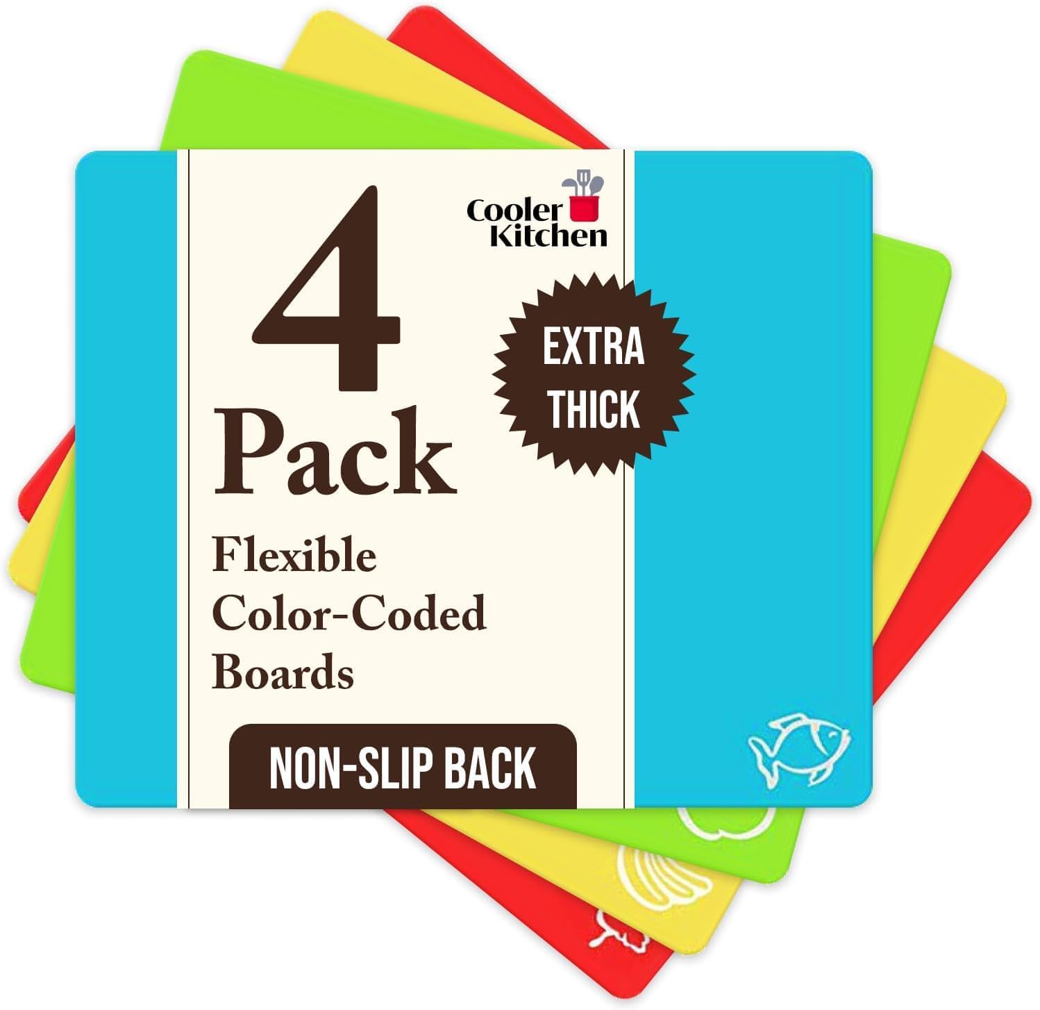 Extra Thick Flexible Plastic Chopping Board (Set of 4) - Plastic Cutting Board Set - Mats with Food Icons & EZ-Grip Waffle Back - Colour Coded Chopping Boards for Kitchens by Cooler Kitchen