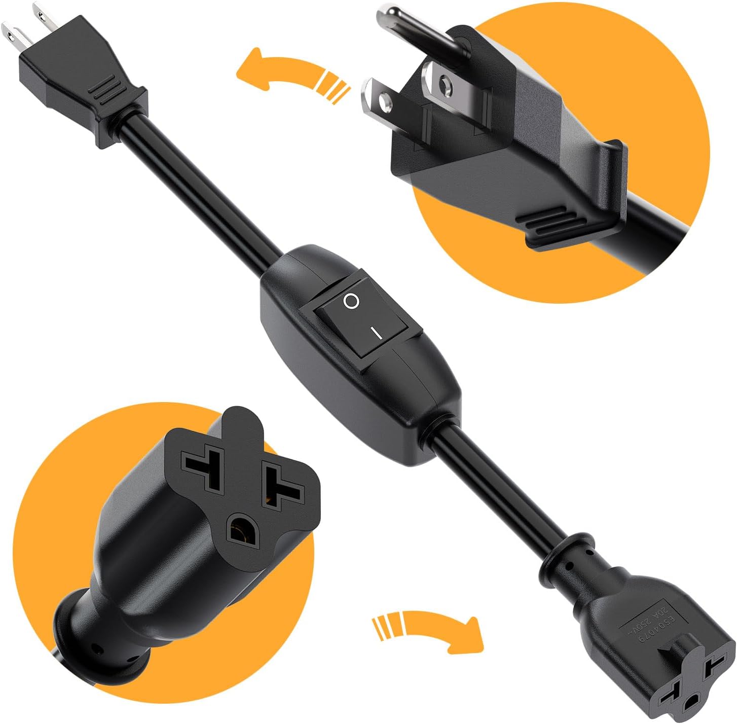 Heavy Duty On/Off Switch Extension Cord 12-AWG 15A Household Plug Male to Female T Blade Adapter Cable with Heavy Duty Double Break 20A 125V Inline Switch, L=32CM