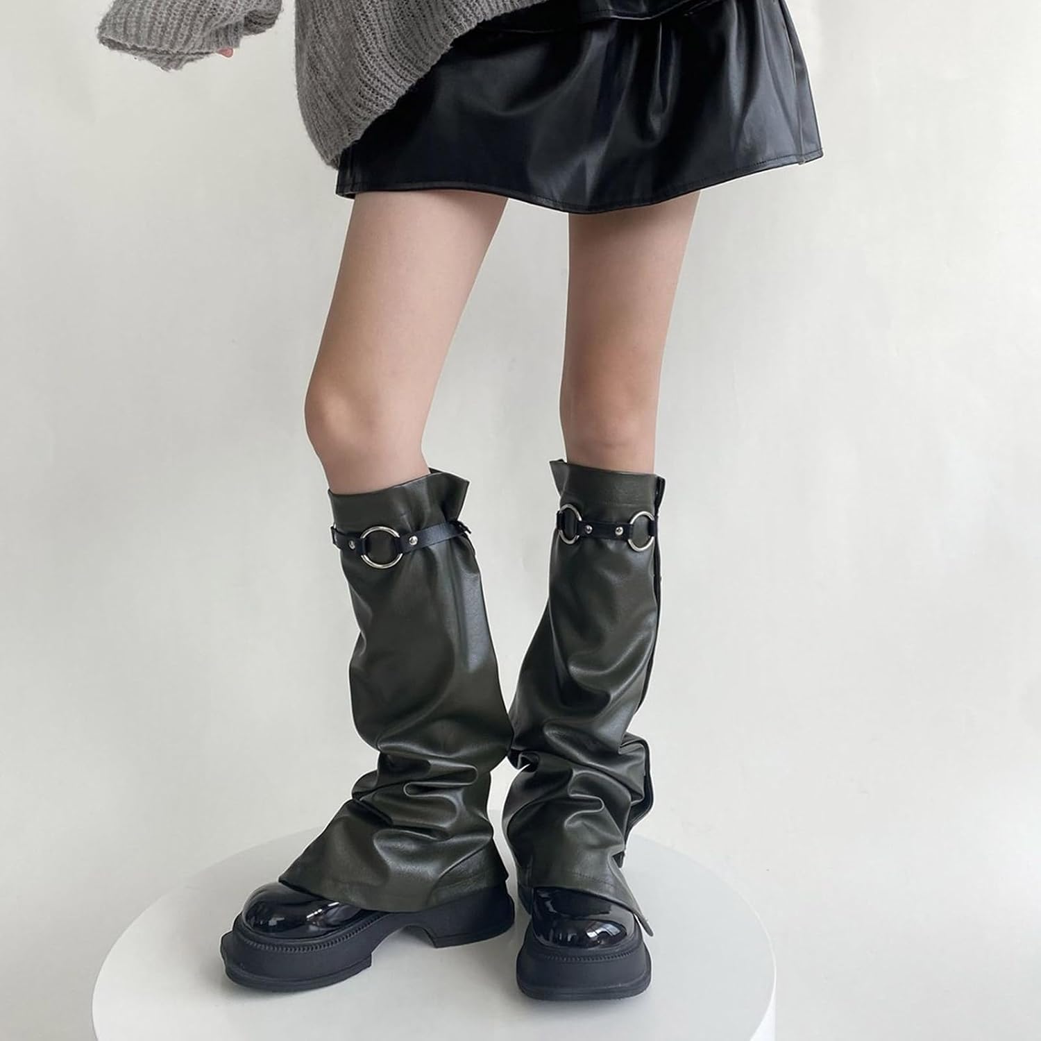 Punk Press Button Leg Cover PU Leather Gothic Warmers Rock Punk Long Knee High Boots Socks with Pockets Leather Covers