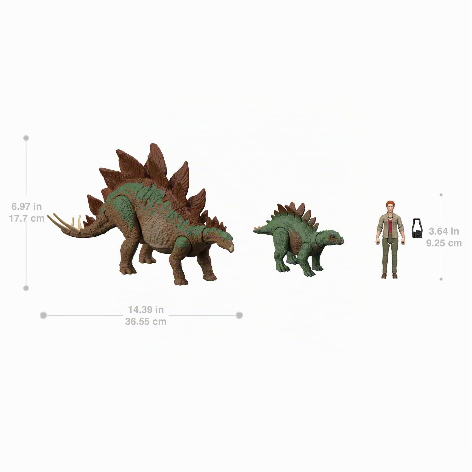 HHK91 - Jurassic World: una Nueva colección Legacy Dr Sarah Harding con Dinosaurio estegosaurio Grande y pequeño, Figuras auténticas y móviles, 9,5 cm, a Partir de 4 años