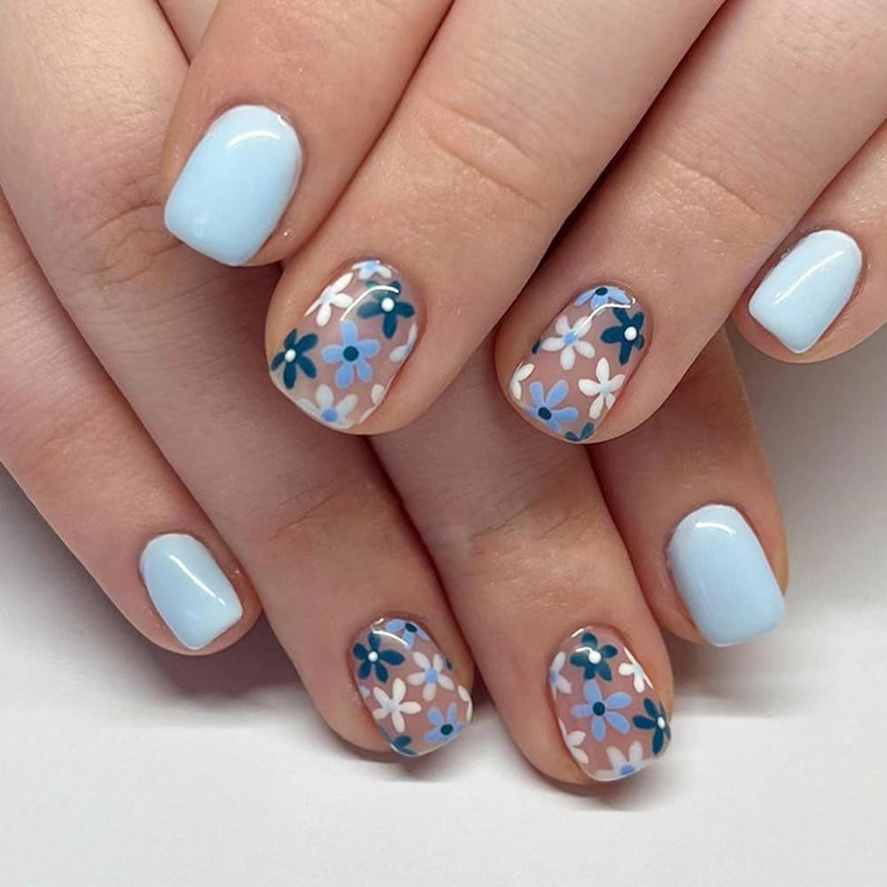 Press On Nails Short, Acrylic Nails Press on, Short Square Press on Nails Fake Nails Glossy Blue False Nails with Flowers Press ons Designs Artificial