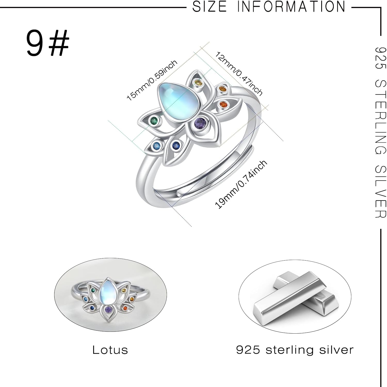Moonstone Lotus Ring for women S925 Sterling Silver Lotus Flower Chakra Ring Yoga Adjustable Protecting Jewelry Gifts for Birthday Christmas #7# 8# 9 - Image 3