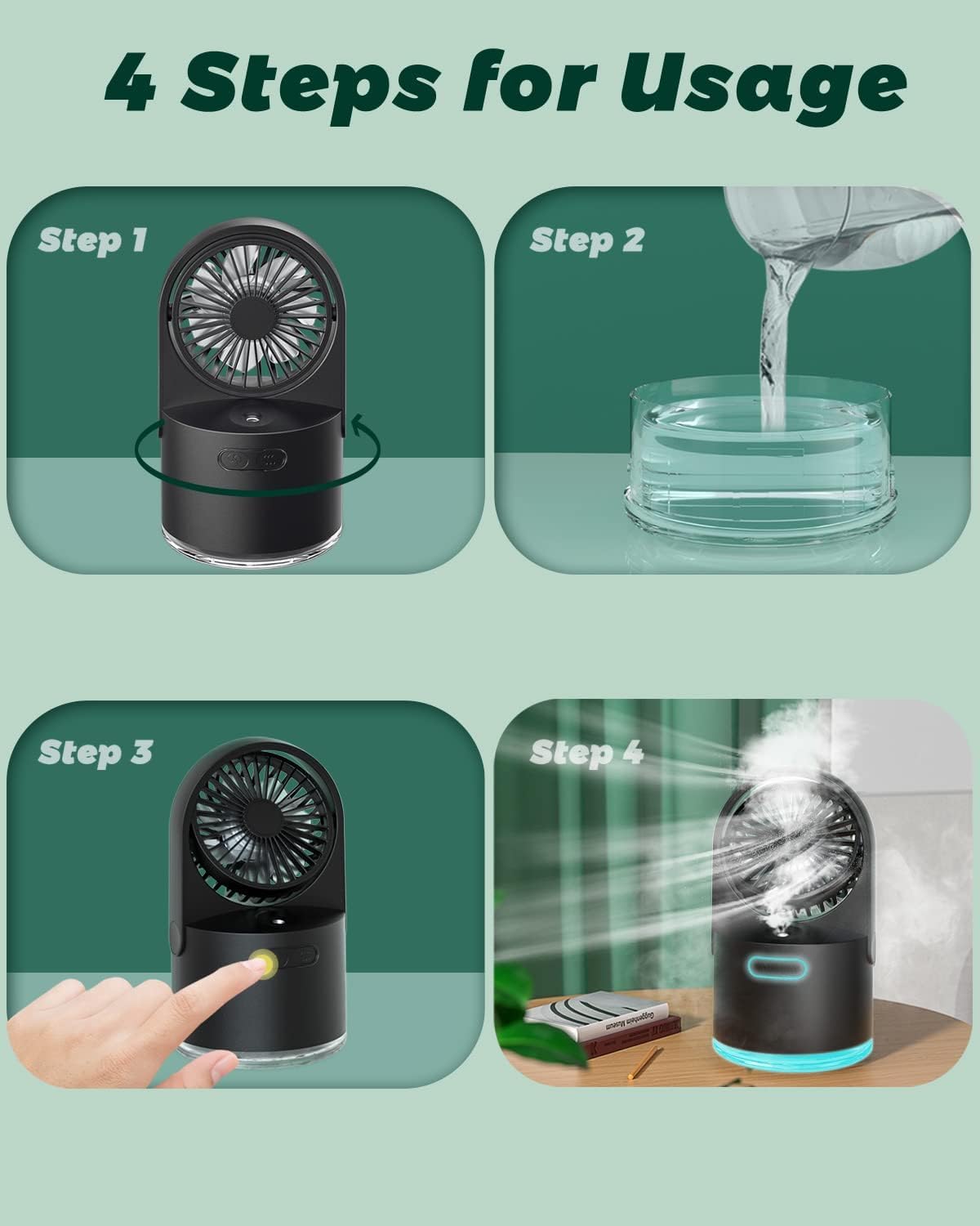 ZUMAHA Ventilatore Portatile Mini Ventilatore a 3 impostazioni di velocità, Ventola di nebulizzazione, Ventola di Raffreddamento da scrivania Personale Ricaricabile Tramite USB Multiuso