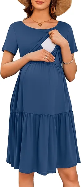 Ekouaer Nursing Dress Summer Short Sleeve Breastfeeding Casual Knee Length Maternity Dresses Grey Blue L