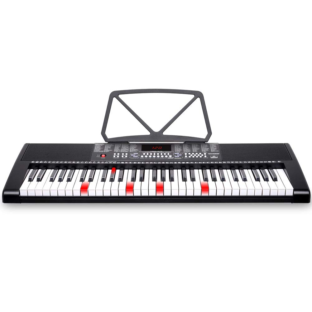 Bakaji Teclado musical plano electrónico, 61 teclas multifunción con 255 ritmos, 50 canciones preestablecidas, entrada AUX y soporte para partituras