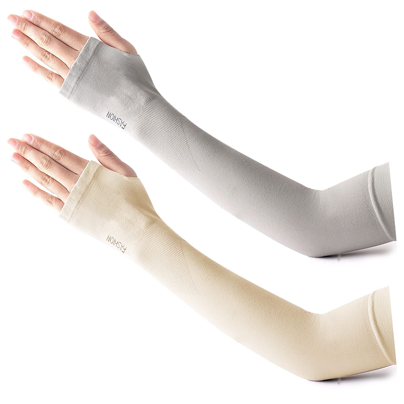 Lumisyne Unisex Grey + Beige (With Thumb Hole) 2 Pairs Uv Sun Protection Arm Sleeves With Thumb Hole Women Men Upf 50+ Stretchy Compression Sleeves Long Armwarmers Cooling Arm Sleeves For Summer Running Cycling Basketball Tattoo Cover Up
