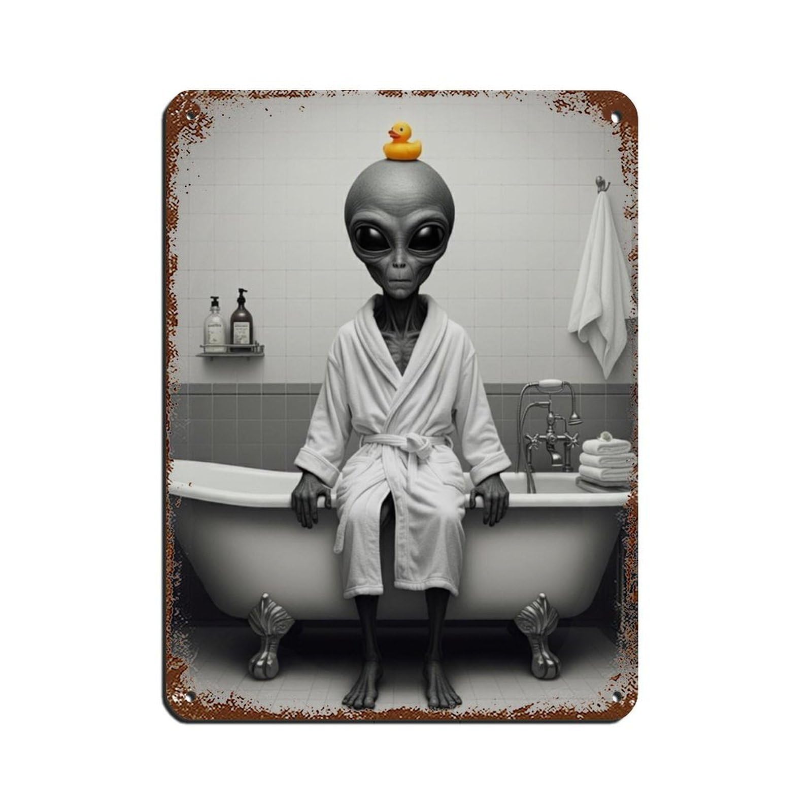 Alien UFO Bathroom Art Outer Space Bathroom Art (4) Retro Poster Metal Tin Sign Chic Art Retro Iron Painting Bar People Cave Cafe Family Garage Poster Wall Decoration 12x16inch(30x40cm)
