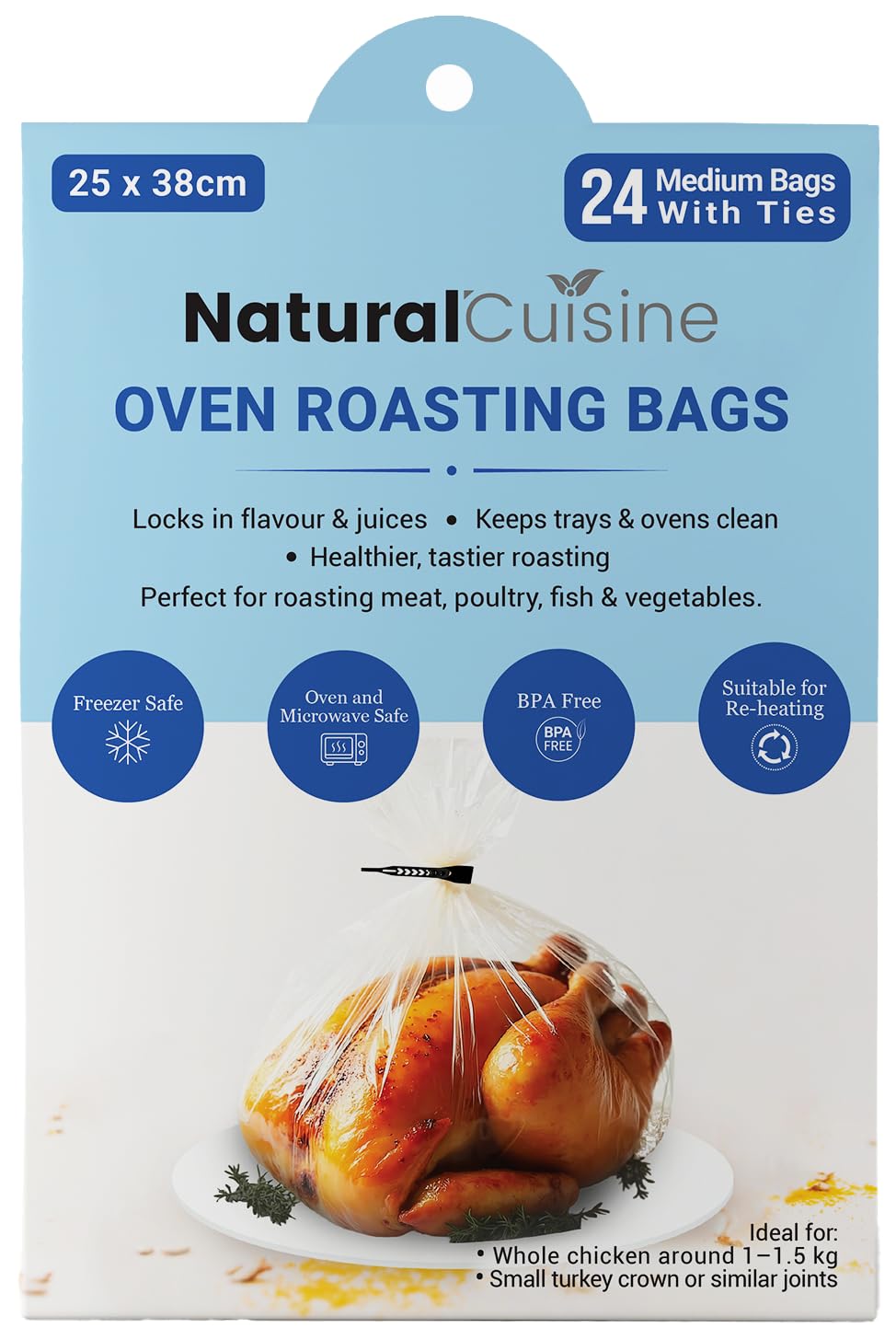 Natural Cuisine Oven Roasting Bags 25 X 38Cm – Pack Of 24 Medium Bags With Ties – Bpa Free, Oven & Microwave Safe – Ideal For Chicken, Meat & Vegetables