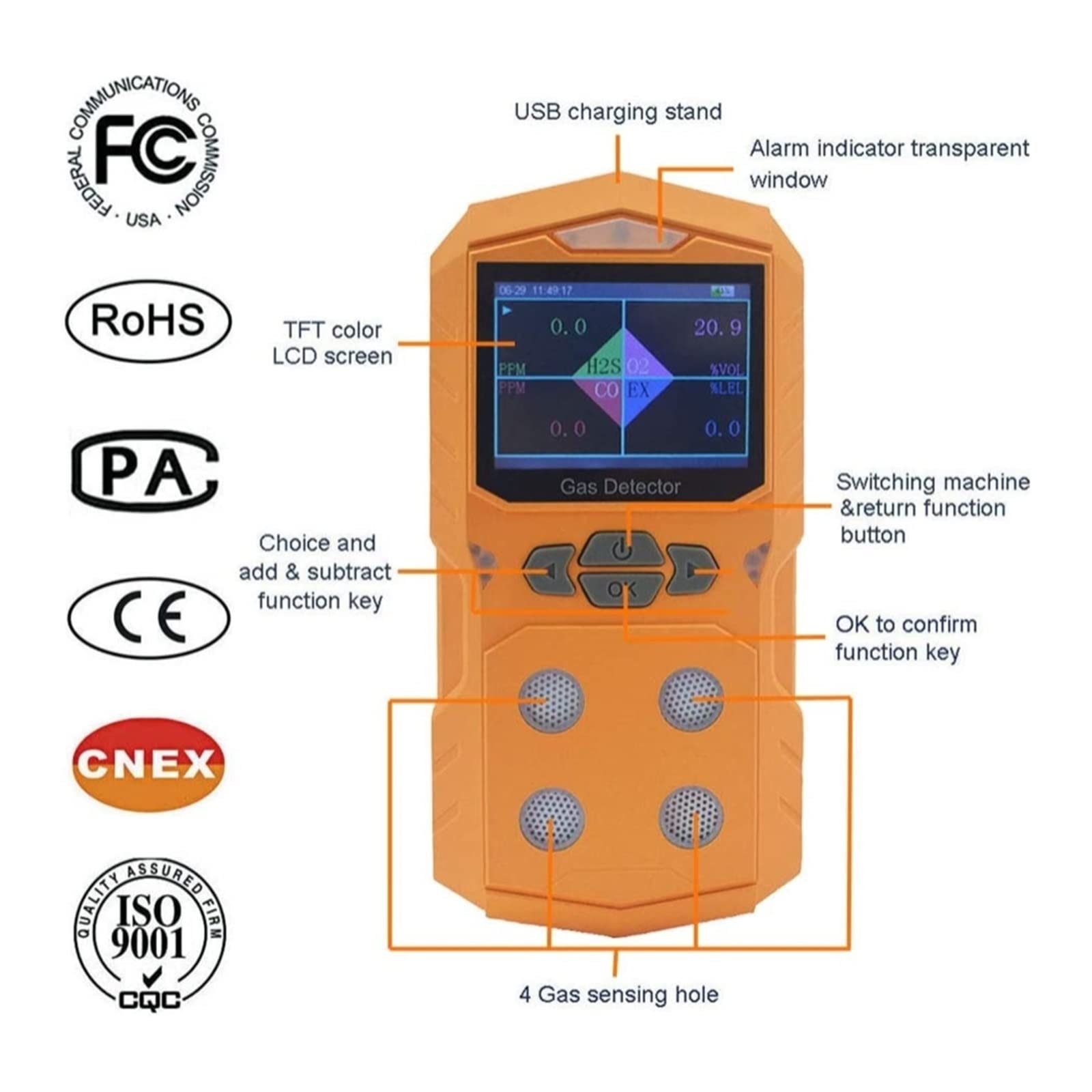 Détecteur de gaz 4 en 1 Analyseur Portable Moniteur Multi-gaz Écran Couleur avec Batterie Rechargeable Graphique Alarme Lumineuse sonore Tests précis(Giallo)