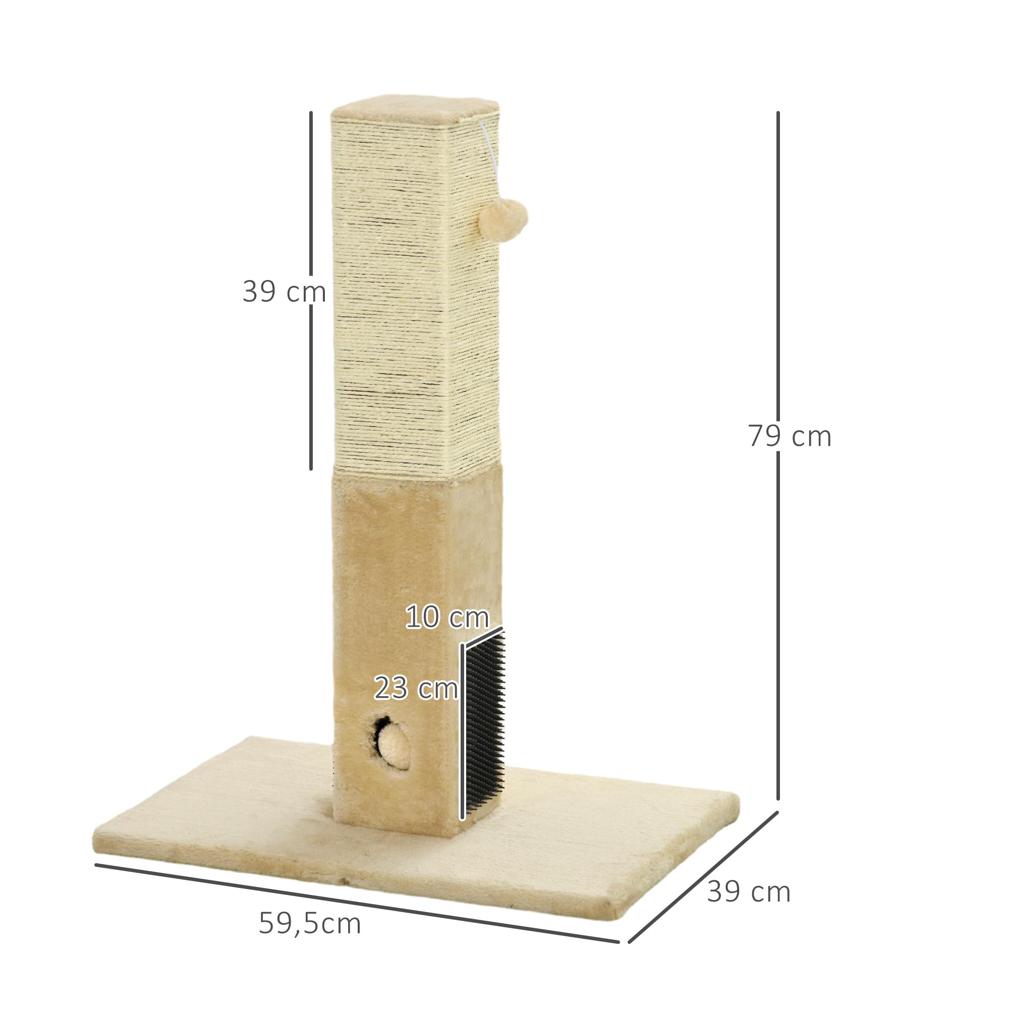PawHut Poste Rascador para Gatos 79 cm con Bola Colgante, Cascabel y Poste de Yute 59,5x39x79 cm en Beige y Crema