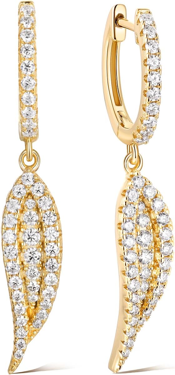 Color-D VVS1 Clarity Moissanite Leaf Angel Wings Dangle Earrings, Solid 925 Sterling Silver with Gold/White Gold Plated, Christmas Birthday Mother's Day Anniversary Earrings for Her