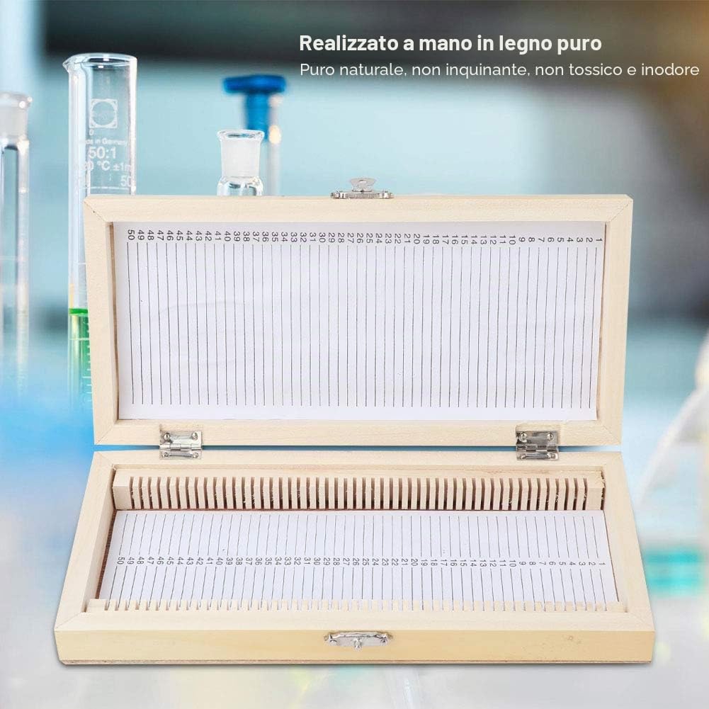 Tyenaza Scatola Portavetrini In Legno, 50 Pezzi Biologia Vetro Preparato Microscopio Diapositive Esemplari di Legno Scorrevole Scatola di Immagazzinaggio