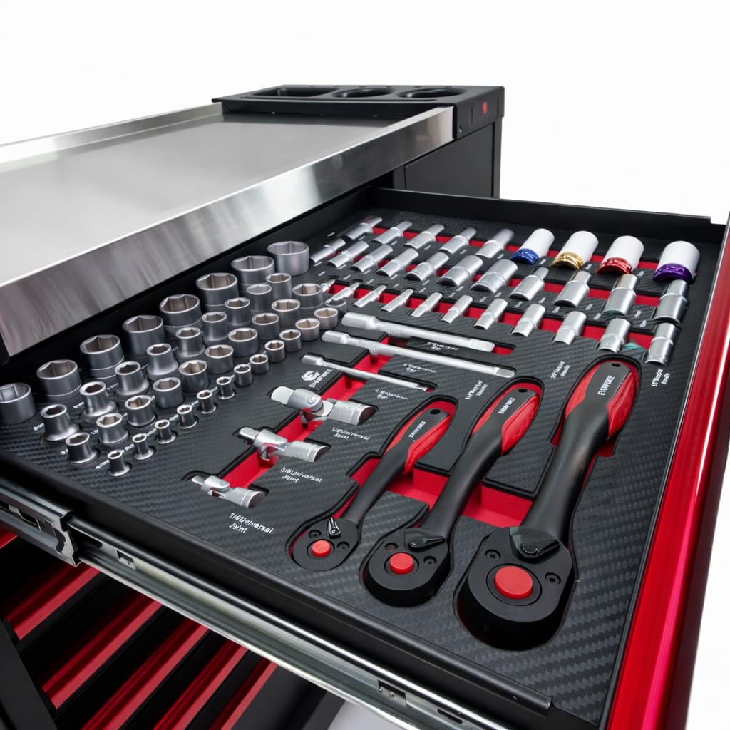 DeTec. Chariot à outils XXL rempli d'outils | 7 tiroirs équipés | Servante d'atelier automobile aspect carbone | Boîte à outils de voiture équipée d'outils professionnels