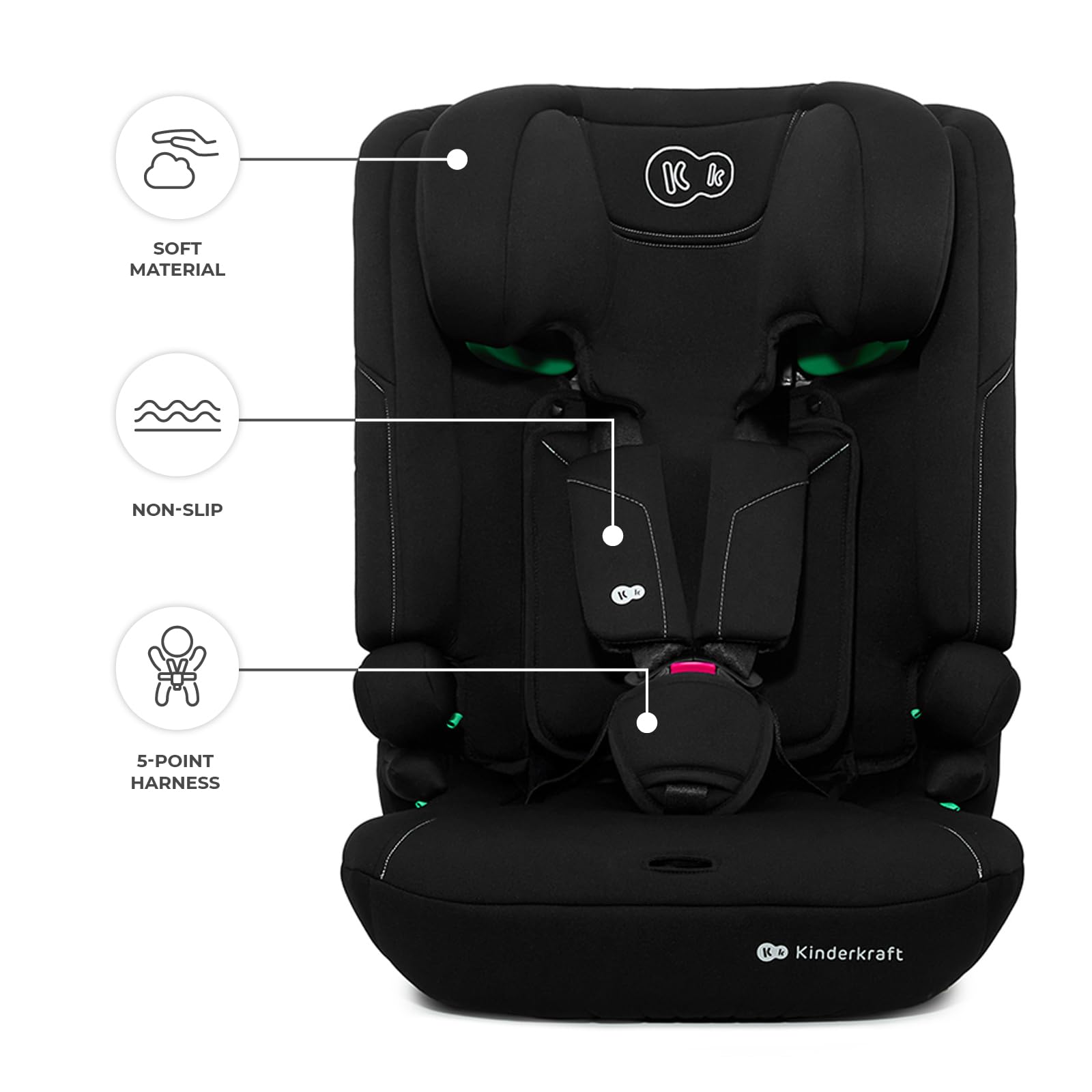 Kinderkraft I-Comfy, fotelik samochodowy dla dzieci, przepisy (76-150 cm), regulowane oparcie, 5-punktowe szelki bezpieczeństwa, system Easy Grow, dla dziecka, łatwa instalacja, czarny