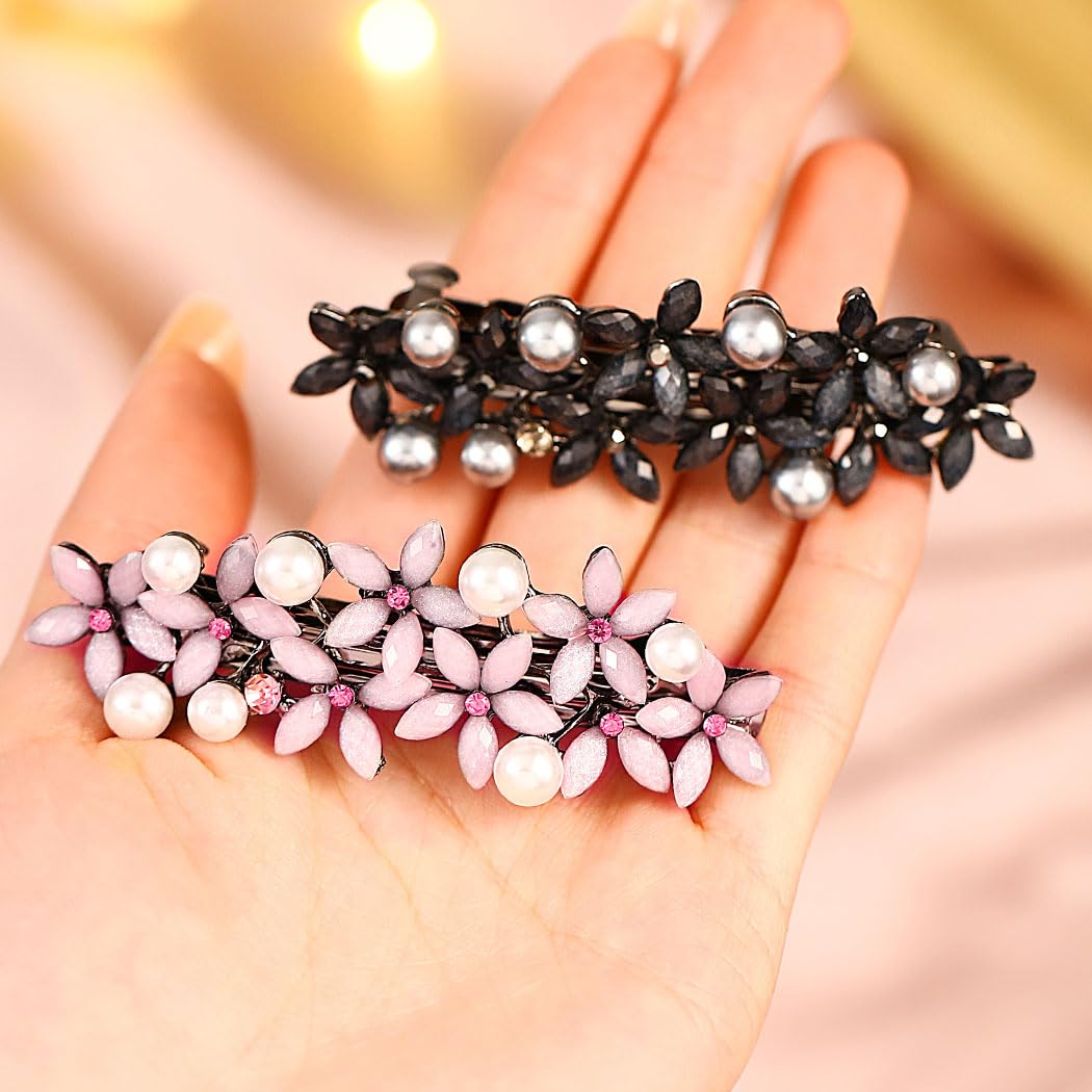 Jovono Flower Hair Clips Black Rhinestone Hair Barrettes Accessories for Women(2PCS) (Black+Pink) - Image 4